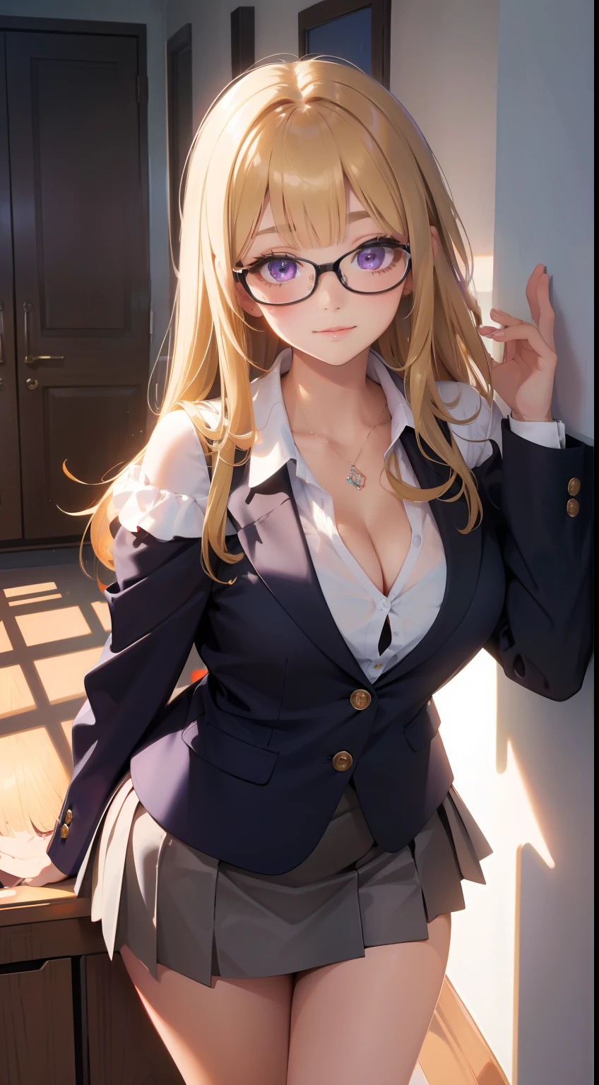 (Best quality:1.1), (Masterpiece:1.2), Highqualityshadow, Beautiful detailed, Beautiful face, Detailed eyes, Off-the-shoulder attire，Depth of field, A high resolution, Best shadow, Best illumination, 1girll, view the viewer, （Blonde hair:1.3)，short detailed hair, Blunt bangs, Long hair, Purple eyes, Shy, Large breasts, Miniskirt, blouse, Blazer, Pump, Office Lady, Glasses,cleavage，looks into camera，ssmile，closeup cleavage