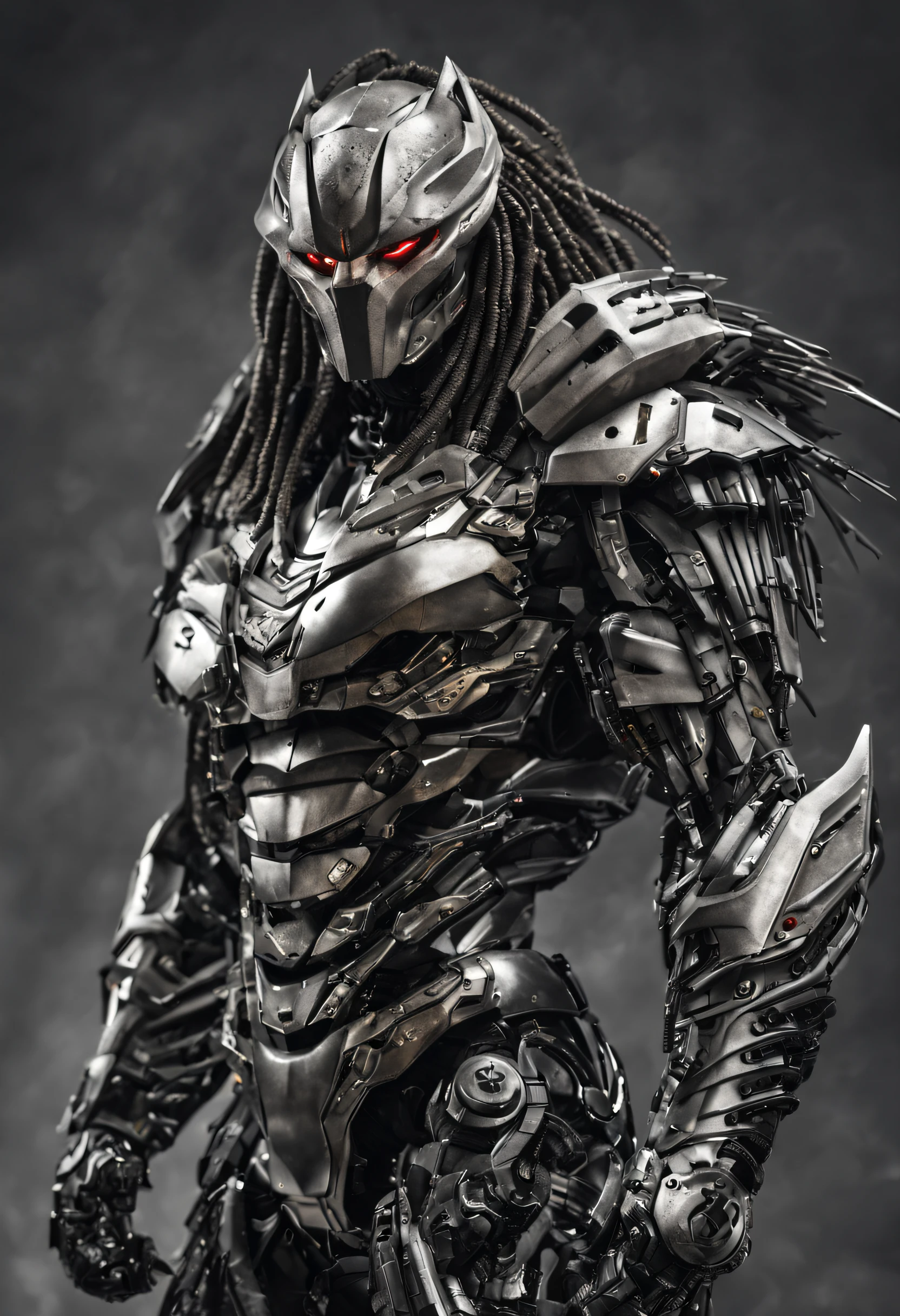 predator,full body photo,gray skin with scales, Cyber, armor technological silver details, Robotic armor, Batman, Authentic background