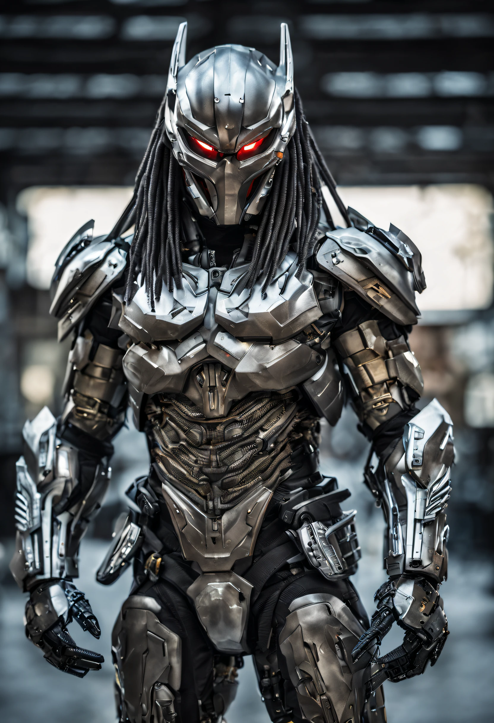 New York, predator, full body photo, gray skin with scales, Cyber, armor details in technological silver, Robotic armor, Batman, Authentic background