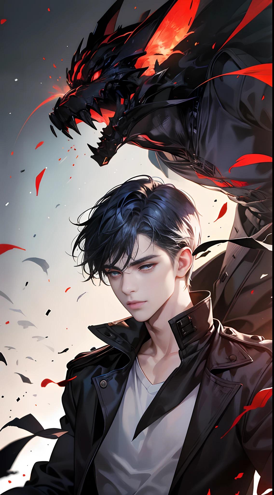 (Best Quality,4K,High resolution),male people,twinks,Man with a feminine face,Young Face,Blue mesh hair on black hair,dishevled hair,His long back hair is tied with a red ribbon.,Clear eyes,Red Eyes,Military jacket,Cargo pants,Combat boots,Realistic illustrations delicately expressed in detail,animesque,comic strip,Multiple flying crows,facing the front there,Red glowing eyes,Facial expression enhancement,Delicate illustrations expressed in detail,cross belt,Realistic portrayal,Vibrant colors,Ruins,Classic dark background