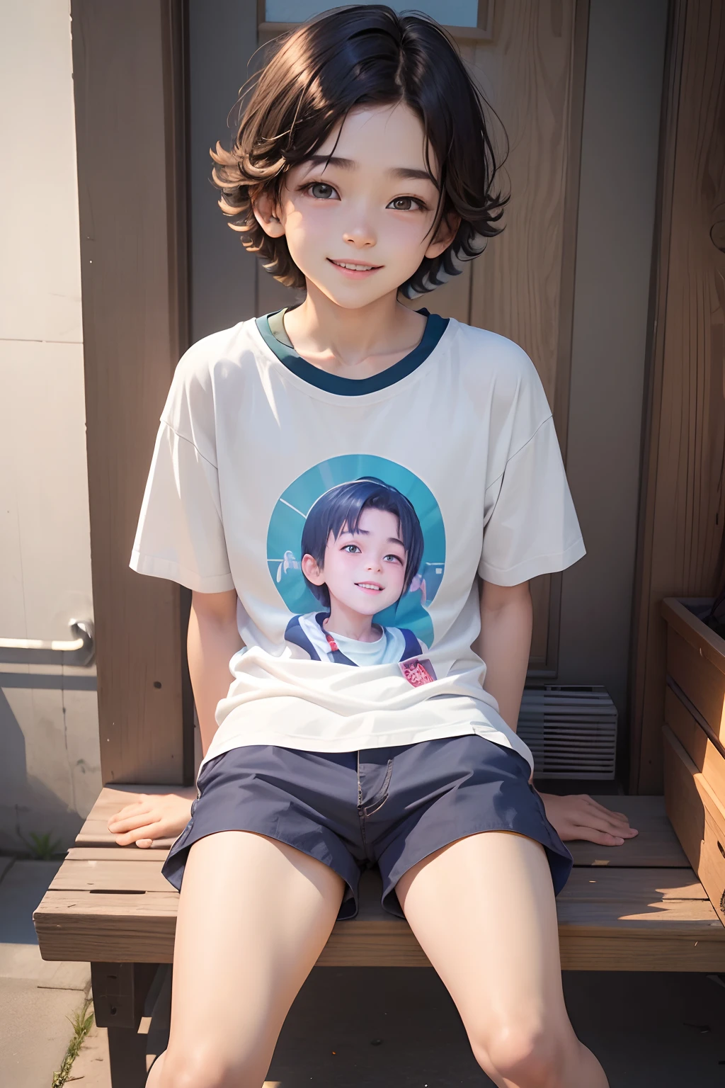 13 years old cute boy，Detailed face，Detailed eyes，二重まぶた，sitted，Wear shorts and short sleeves，happy laughing，Jirou legs