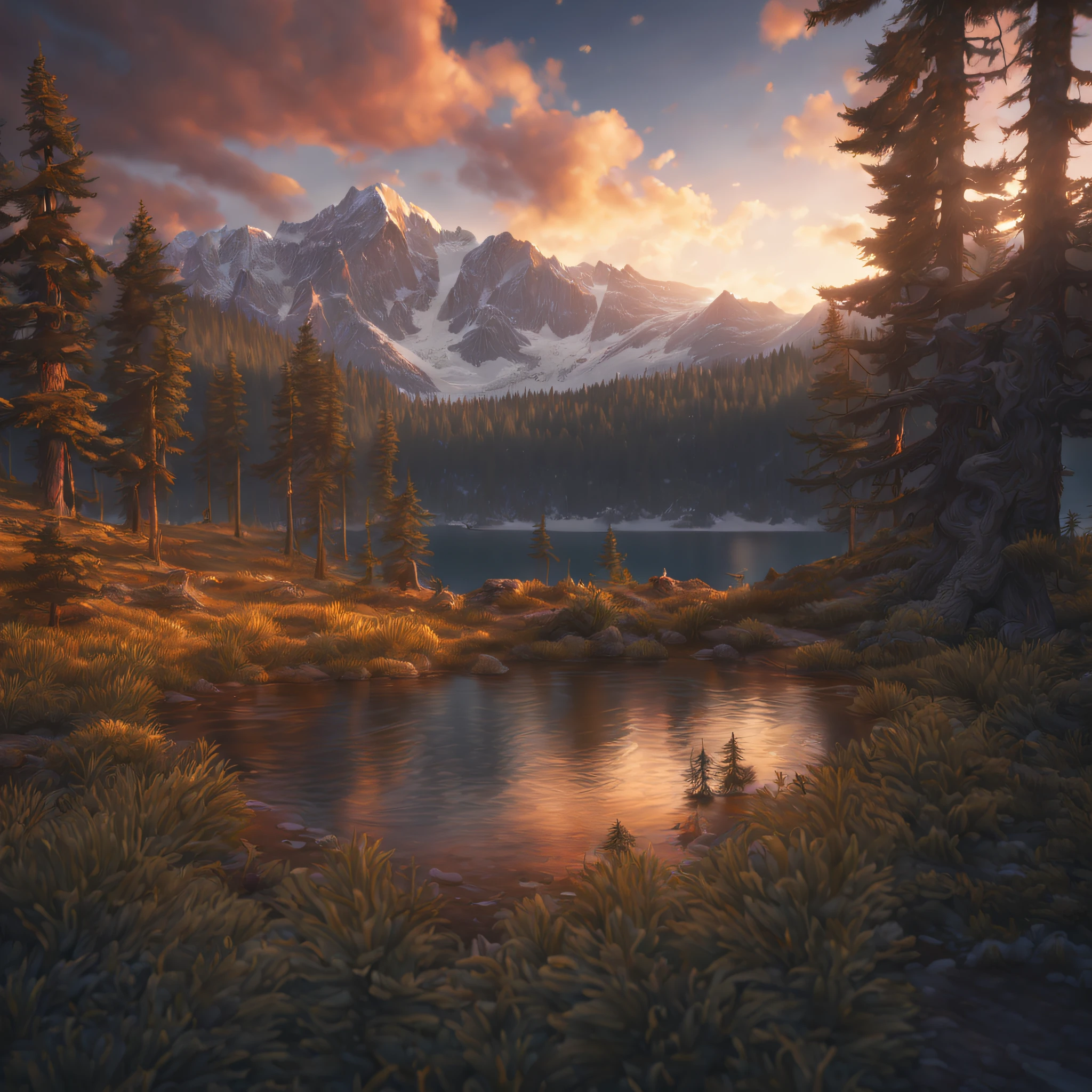 (masterpiece), best quality. The most beautiful, transcendental and breathtaking landscape with a whimsical pine forest in foreground, a serene lake and a snow-capped mountains, and a colorful sunset sky. ground shot, sharp focus, natural lighting, global illumination, cinematic, intricate, insanely detailed, ultra realistic, octane render, DSLR, 32k, perfect composition