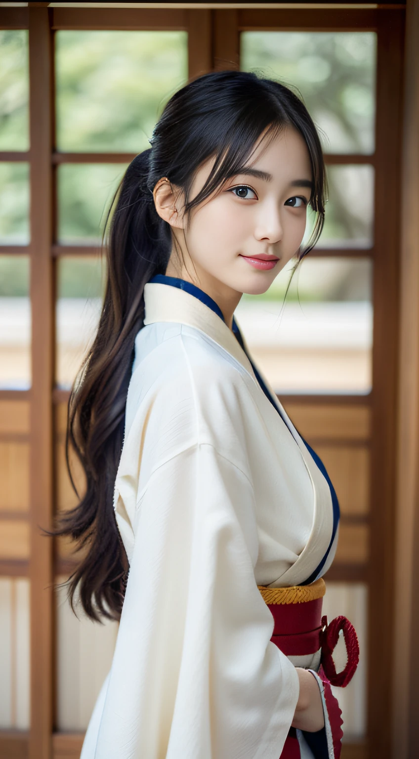 (((32k,high detal,high-detail、masterpiece,Attention to detail,full body Esbian,独奏))),Raw photo & realistic atmosphere,beautiful dark blue eyes,Detailed mouth,Glossy lips,Detailed eyebrows,Eyes drawn in detail with soft white skin that shines in every detail、Very beautiful eyes with azure eyes,Detailed lips、Very beautiful face,Very well-formed face、Lifelike face,shiny beautiful lips,Beautiful eyebrows,Infinite reality, Realistic Young Gravure Idol,Very cute high school girl, , Young Sensual Gravure Idol, Young Gravure Idol, extremely beautiful and cute17 old schoolgirl,with a flushed face,Incredibly beautiful and classy17 year beautiful girl,natural soft light,(Black shiny hair,,bare-legged,Kendo kimono and hakama,Beautiful kind eyes:1.5),(youthfulness,Wearing kendo armor,Beautiful smooth legs,Exposed thighs,Thighs protruding from hakama,Gentle smile,well-shaped breasts,,Immature body,Japan Kendo Kimono,Kendo Match,Japanese style semi-long ponytail hair,Bunch your hair high into one,Beautiful posture,posterior view,facing back,no-makeup:1.6)