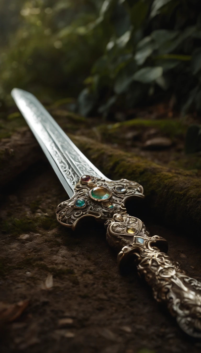 (outstanding、professional、Surreal)、detailed sword, Ivory texture,gemstone setting,Broken texture,lying on the ground
