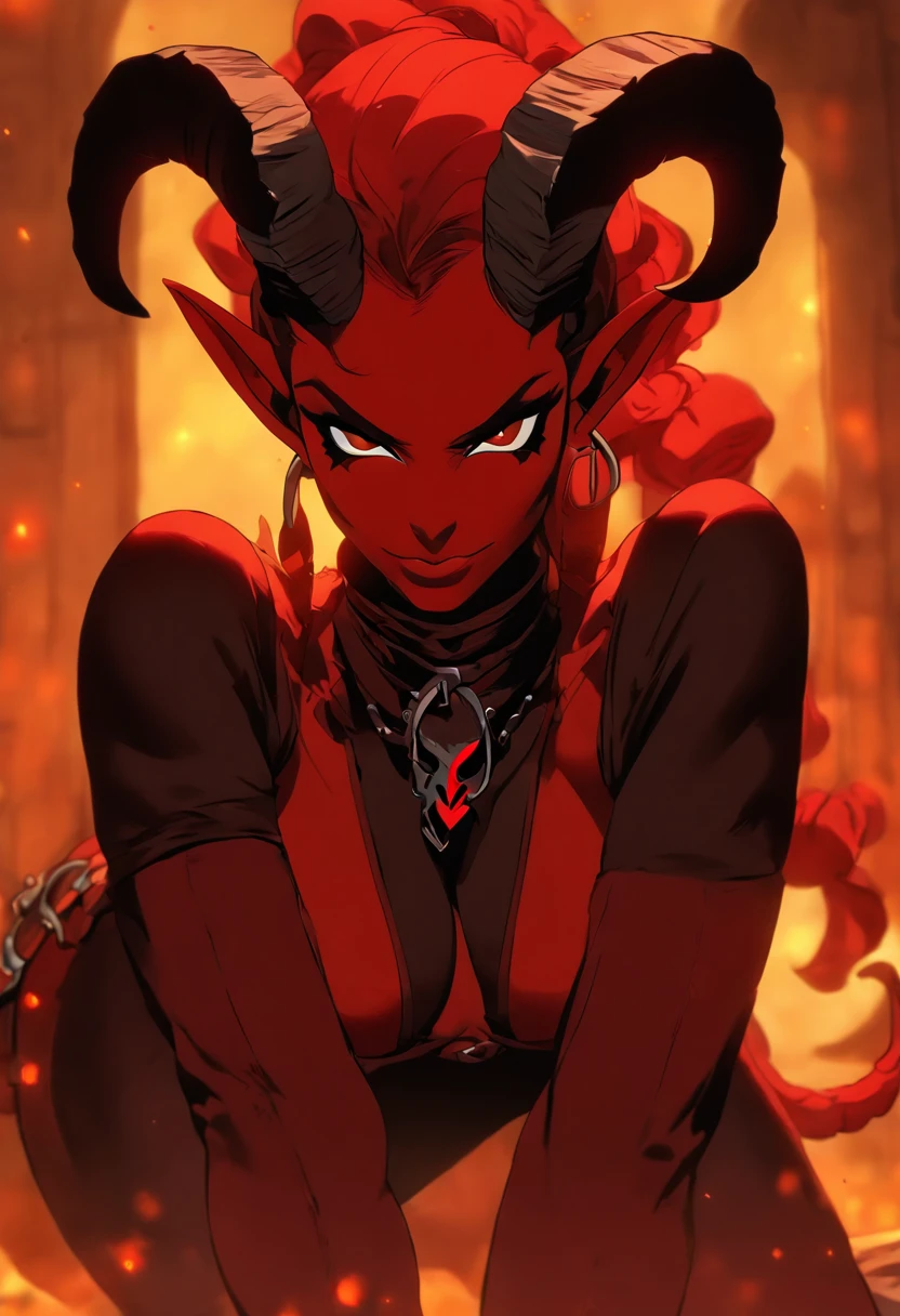 Female rogue tiefling in a sex pose, cowboy shot, anatomically correct, super detail, high details, high quality, best quality, highres, award winning, 1080P, HD, 8k