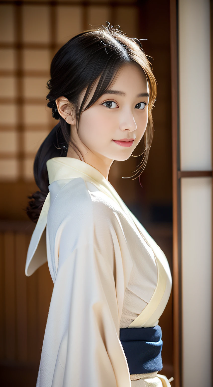 (((32k,high detal,high-detail、masterpiece,Attention to detail,full body Esbian,独奏))),Raw photo & realistic atmosphere,beautiful dark blue eyes,Detailed mouth,Glossy lips,Detailed eyebrows,Eyes drawn in detail with soft white skin that shines in every detail、Very beautiful eyes with azure eyes,Detailed lips、Very beautiful face,Very well-formed face、Lifelike face,shiny beautiful lips,Beautiful eyebrows,Infinite reality, Realistic Young Gravure Idol,Very cute high school girl, , Young Sensual Gravure Idol, Young Gravure Idol, extremely beautiful and cute17 year old schoolgirl,with a flushed face,Incredibly beautiful and classy17 year old beautiful girl,natural soft light,(Black shiny hair,,bare-legged,Kendo kimono and hakama,Beautiful kind eyes:1.5),(youthfulness,Wearing kendo armor,Beautiful smooth legs,Exposed thighs,Thighs protruding from hakama,Gentle smile,well-shaped breasts,,Immature body,Japan Kendo Kimono,Kendo Match,Japanese style semi-long ponytail hair,Bunch your hair high into one,Beautiful posture,posterior view,facing back,no-makeup,woman samurai,woman swordsman:1.6)