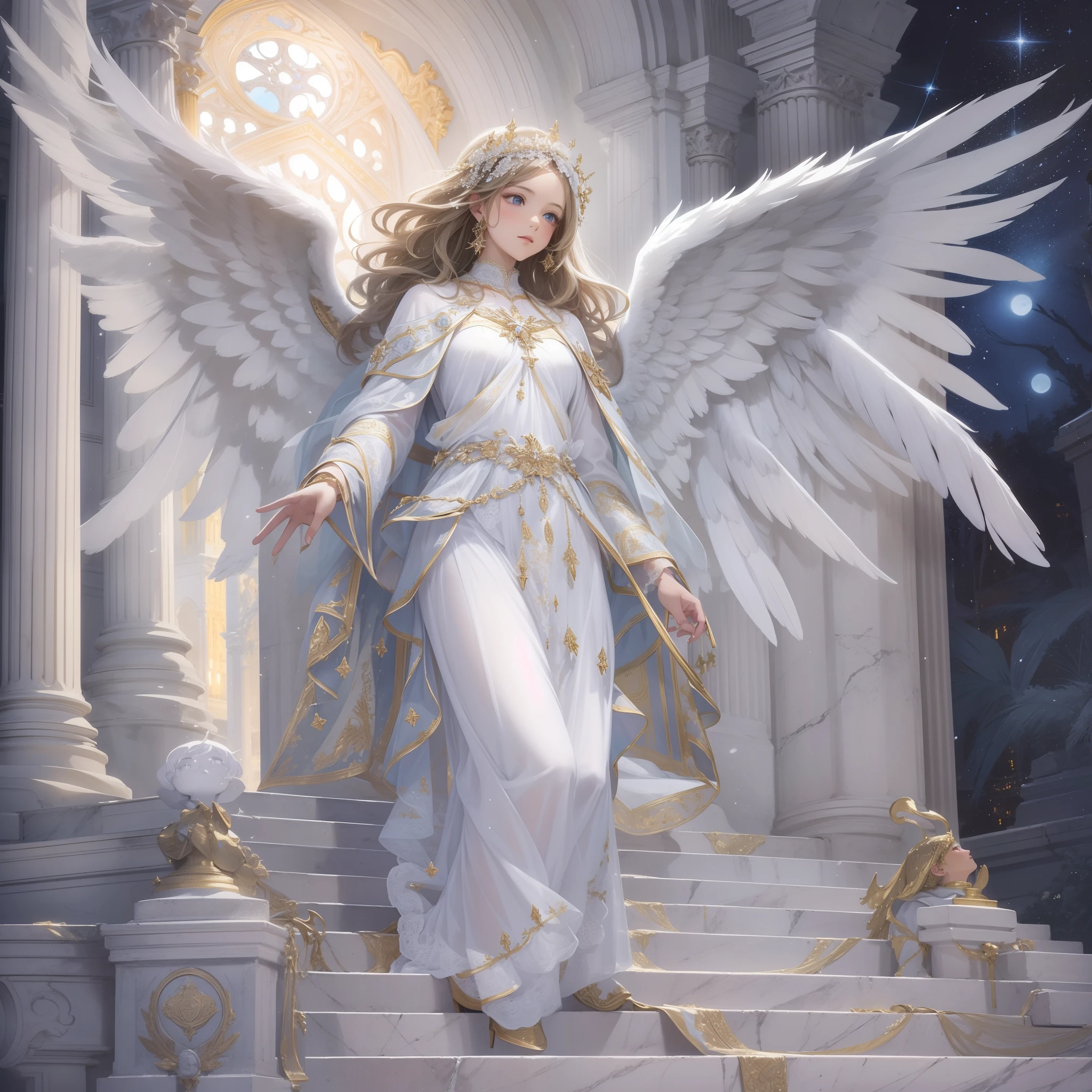 The blessing of an angel with large pure white wings descending on the marble steps leading to the cathedral at midnight. The cathedral shining fantastically in the moonlight. A beautiful face and shining eyes of vivid colors. The angel wears a delicate and sacred costume. Detailed drawing. Vivid colors. High image quality