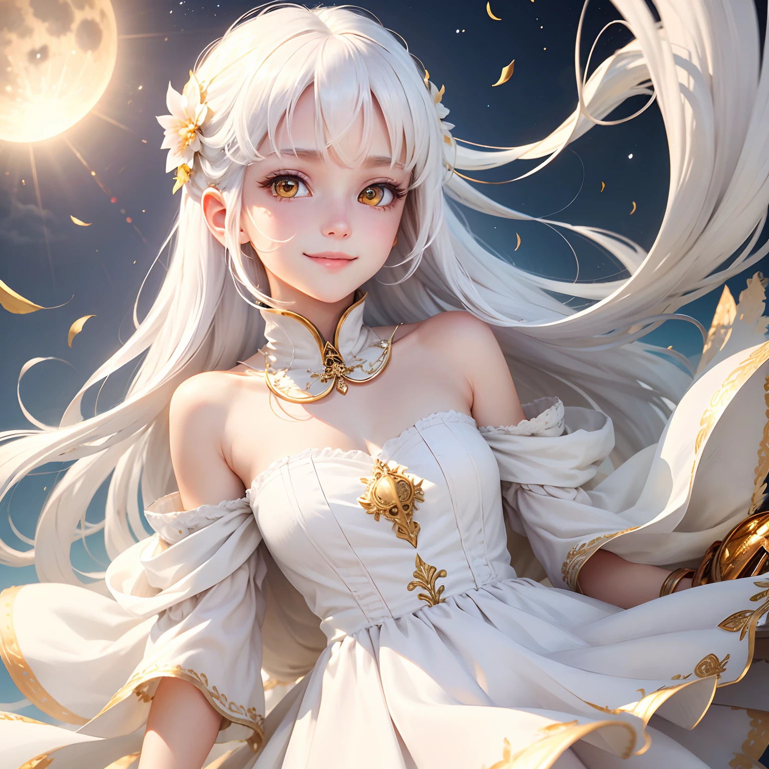 best quality, white hair, gold eyes, white clothes, looking up, upper body, hair strand, Fair skin, smiling, harvest moon, natta