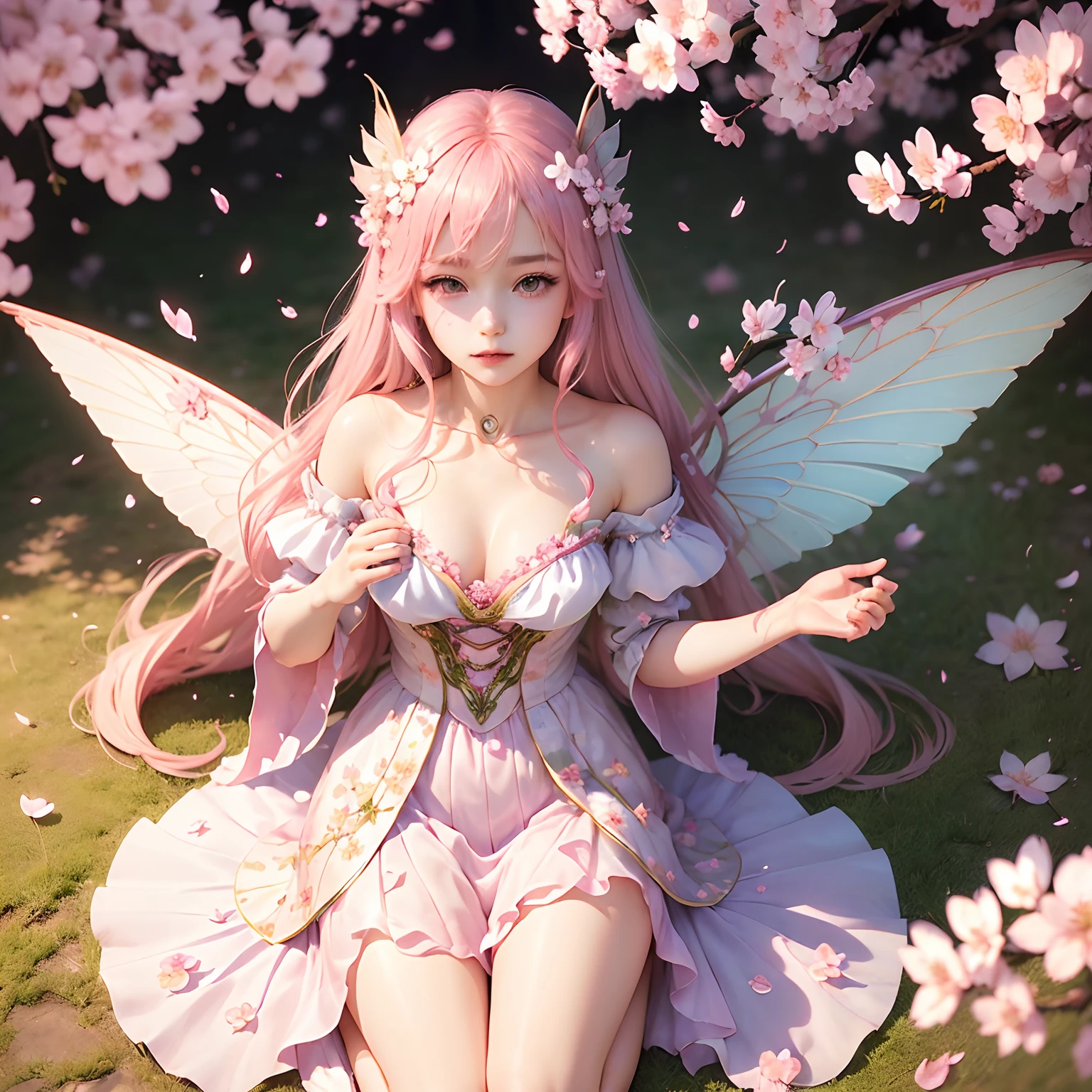 (Best Quality,Ultra-detailed,Realistic:1.37)、Spring Fairy、An 18-year-old woman、Spring personification、Fairy with wings、Emphasis on the characteristics of cherry blossoms、Clothes with cherry blossom motifs、(Lots of cherry blossom petals flutter:1.5)、Spring landscape、Full body