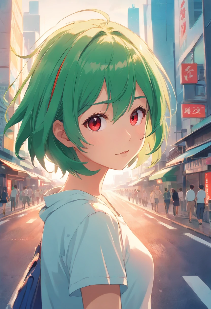 Two-dimensional beauty little cute, green hair, white t shirt, red eyes