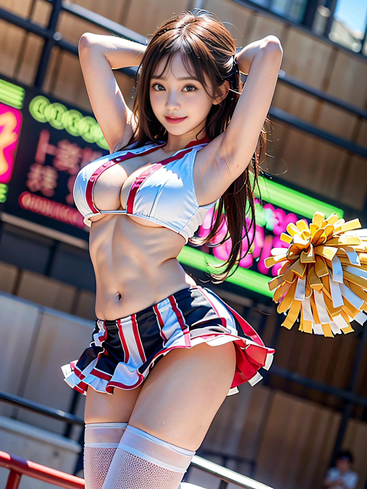 (8K、RAW Photos、top-quality、​masterpiece:1.2)、(realisitic、Photorealsitic:1.37)、女の子1人、Smile with white teeth、japanes、20yr old、femele、during daytime、a park、natural soft light、photon maping、Radio City、dark brown hair、poneyTail、((Angle from below))、(full body Esbian)、详细的脸、Detailed lips、detailedeyes、More skin、二重まぶた、(huge-breasted:1.5)、(Cheergirl Uniforms)、(a miniskirt)、Not wearing a bra、((Not wearing panties))、perfectbody、shinny skin、Lively poses like cheerleading、Jumping、cowboy  shot、A smile、Make eye contact with the camera
