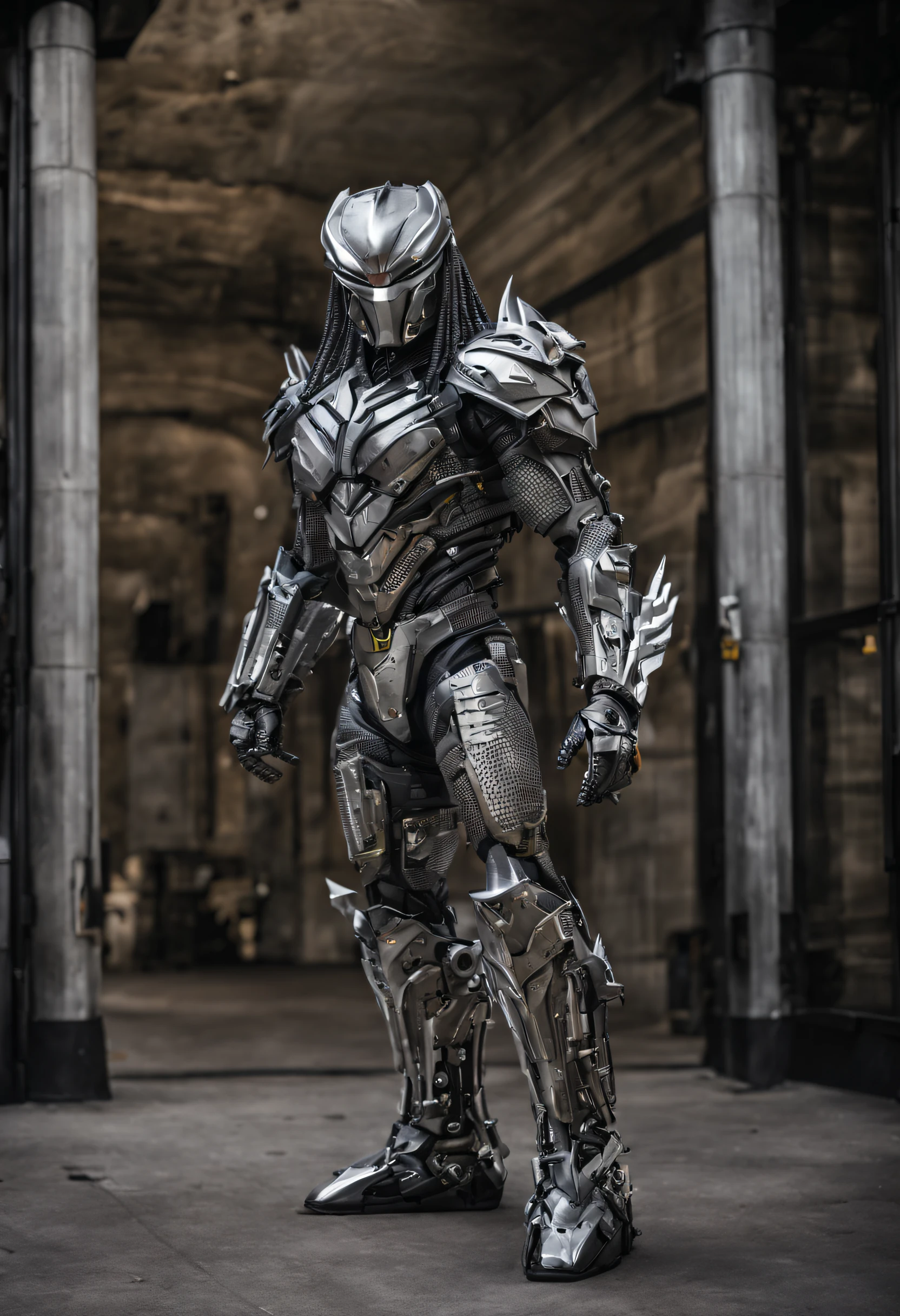 predator,full body photo,gray skin with scales, Cyber, armor technological silver details, Robotic armor, Batman, Authentic background