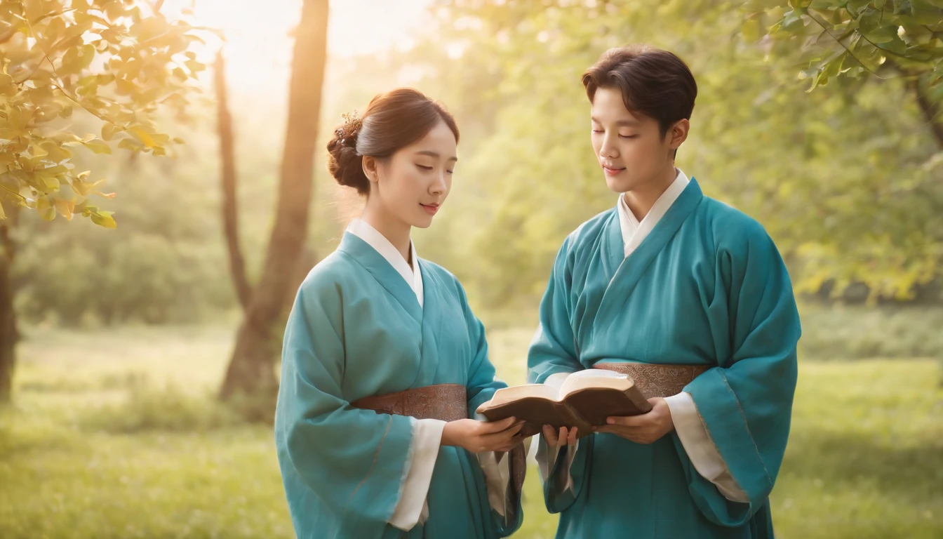 (Best Quality,Ultra-detailed,realisitic:1.37),portrait of a,Korean men and women reading the Bible,Oil Painting,Traditional Korean Costume,Peaceful garden scene,Soft sunlight,tranquil expression,wisdom,Bible Quotes,vibrant colours,delicate brushwork,subtle textures,lush greenery,Contemplative atmosphere,Beautiful picture book,Highlighted features:Eyes in focus,gentle smiling,Graceful posture,Sunlight shining through the trees,rays,Quiet surroundings,serene ambiance,A Blessed Moment