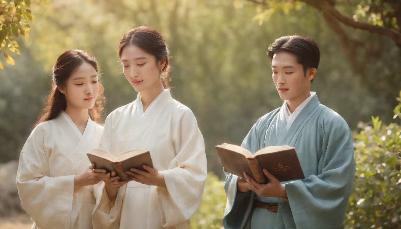 (Best Quality,Ultra-detailed,realisitic:1.37),portrait of a,Korean men and women reading the Bible,Oil Painting,Traditional Korean Costume,Peaceful garden scene,Soft sunlight,tranquil expression,wisdom,Bible Quotes,vibrant colours,delicate brushwork,subtle textures,lush greenery,Contemplative atmosphere,Beautiful picture book,Highlighted features:Eyes in focus,gentle smiling,Graceful posture,Sunlight shining through the trees,rays,Quiet surroundings,serene ambiance,A Blessed Moment