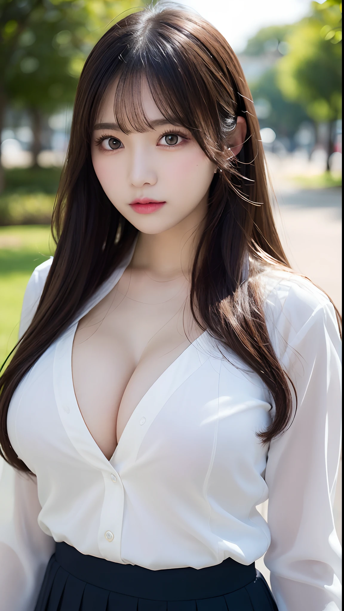 masutepiece, Best Quality, Illustration, Ultra-detailed, delicate detail, Hight Resolution, 8K wallpaper, Perfect dynamic composition, Beautiful detailed eyes, Natural Lip, ( school uniforms), (((Huge breasts :1.2, and droopy breasts:1.1))), cleavage, Random sexyes, s whole body, super delicate face, (((Dazzlingly white skin))), moist lips, (Very long hair), Innocent Big Eyes, Detailed Eyes, ((very detail eyes)), Park Background, (walking)