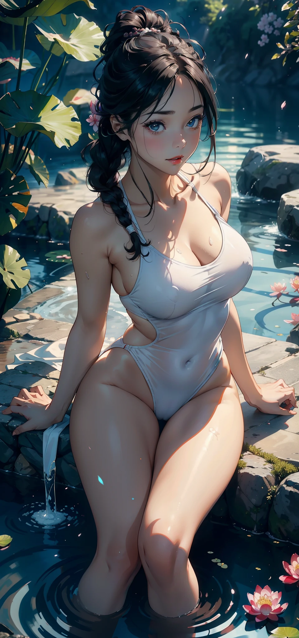 1female,35yo,plumw,extremely large bosom, 独奏,(Background with:waterfallr,ponds,Cherry blossom forest,lotus flower)sitting in water, She has short black hair,standing on your feet,seen from the front, Twist braids, mostly cloudy sky,(((tmasterpiece),(Very detailed CG unity 8K wallpaper),best qualtiy,cinmatic lighting,detailed back ground,beatiful detailed eyes,Bright pupils,Black eyes,Snow-whiteskin,Redlip(Very fine and beautiful),(Beautiful and detailed eye description),ultra - detailed,tmasterpiece,))facing at camera,A high resolution,ultra - detailed),revealing breasts,Bare genitalia, Bulge,legs are open,Raised sexy,Camel toes,Flushed complexion,Desire for dissatisfaction,frontage,athlete,White transparent swimsuit,Red Cross Mark