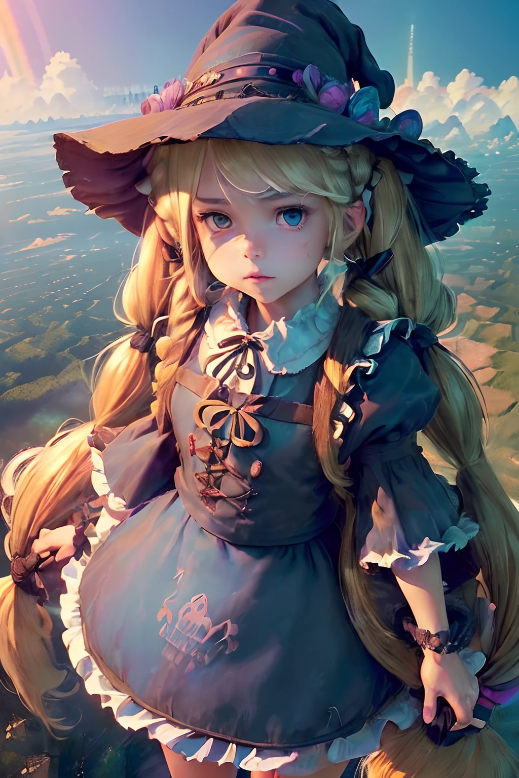 ((((hyperdetailed face, Perfect face and nice perfect face)))),( hight resolution, ultra-detailliert), (((((Petite girl with long hair blonde twin tails)))),(())),((((Rainbow Maid Dresses)))),(((girl with))),,Boston Bag,(((witch's hat))),(((sea of clouds))),((())),(((Medieval cityscape))),(((Ruffled skirt, Highest Quality)))),(((Flying in the sky))),(((Angle from below)))