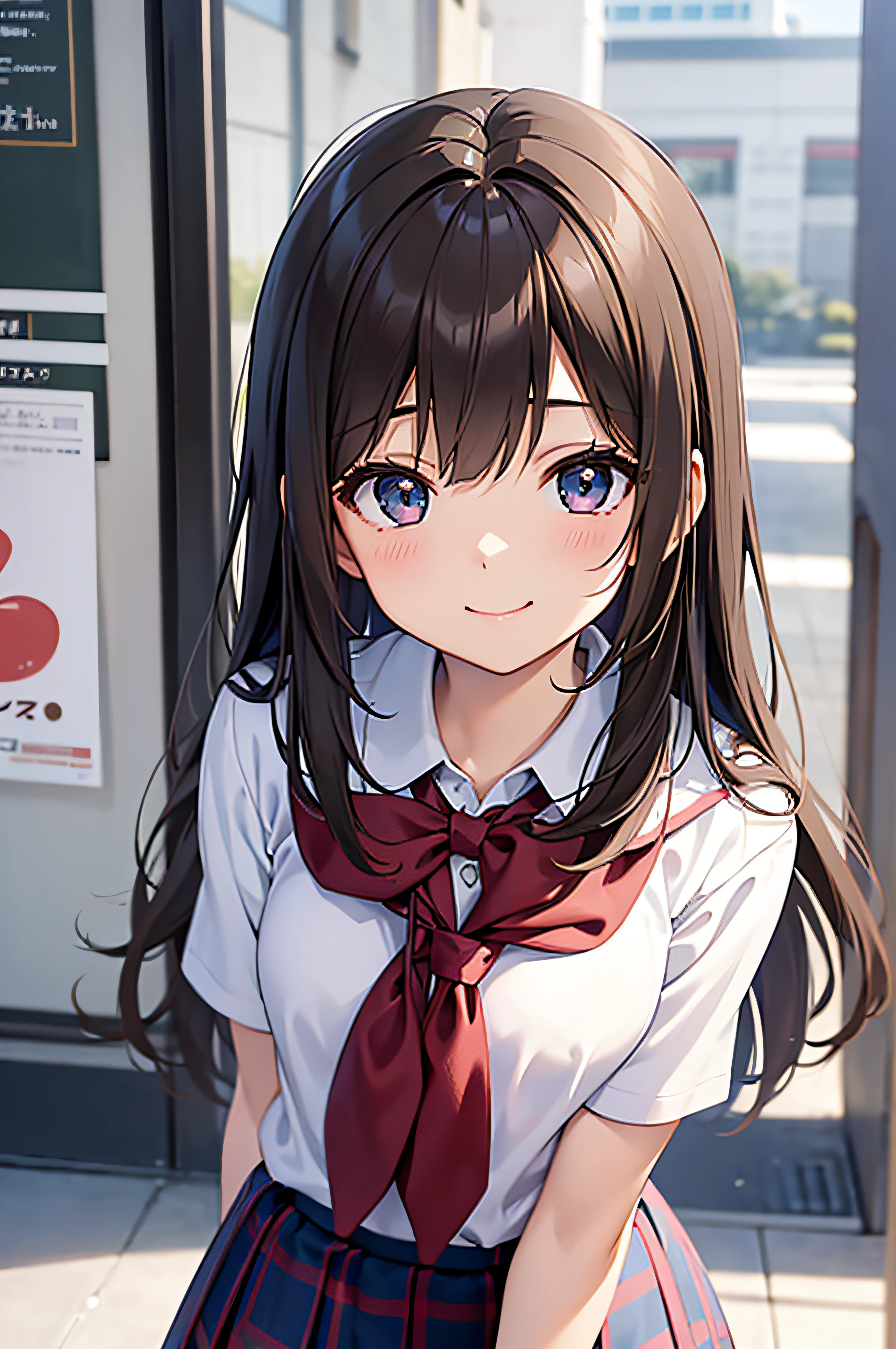 15yo student、brown haired、beautidful eyes、real looking skin、hi-school girl、small tits、(8K、​masterpiece)、(reallistic、Photorealsitic)、top-quality、ighly detailed、The ultra-detailliert、Beautie、cute little、japanes、A smile、Close-up portrait、Healthy face、School uniform、plaid skirts