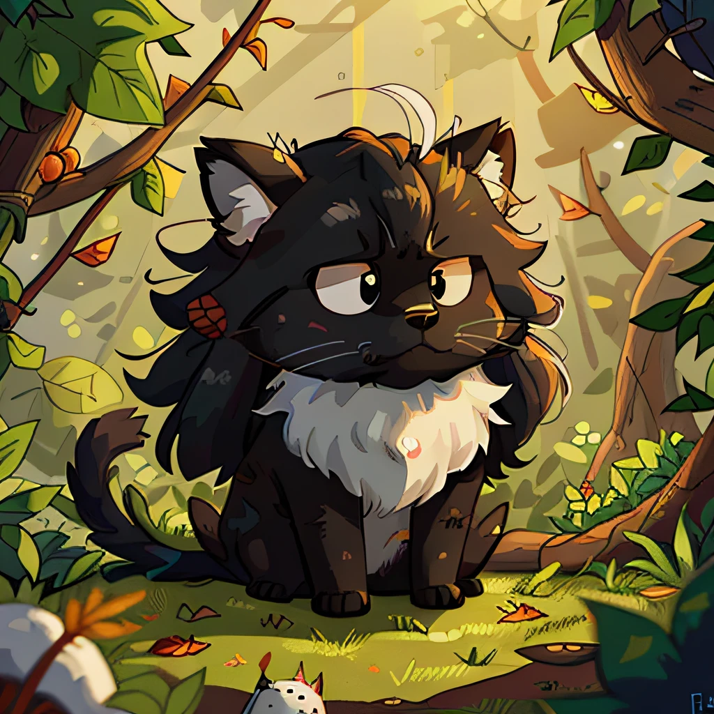 High Detail, Ultra Detail, 8K, Ultra High Resolution, A long-haired black cat with white breast, ((messy fur covered in leaves and thorns)), looking surprised and sad.