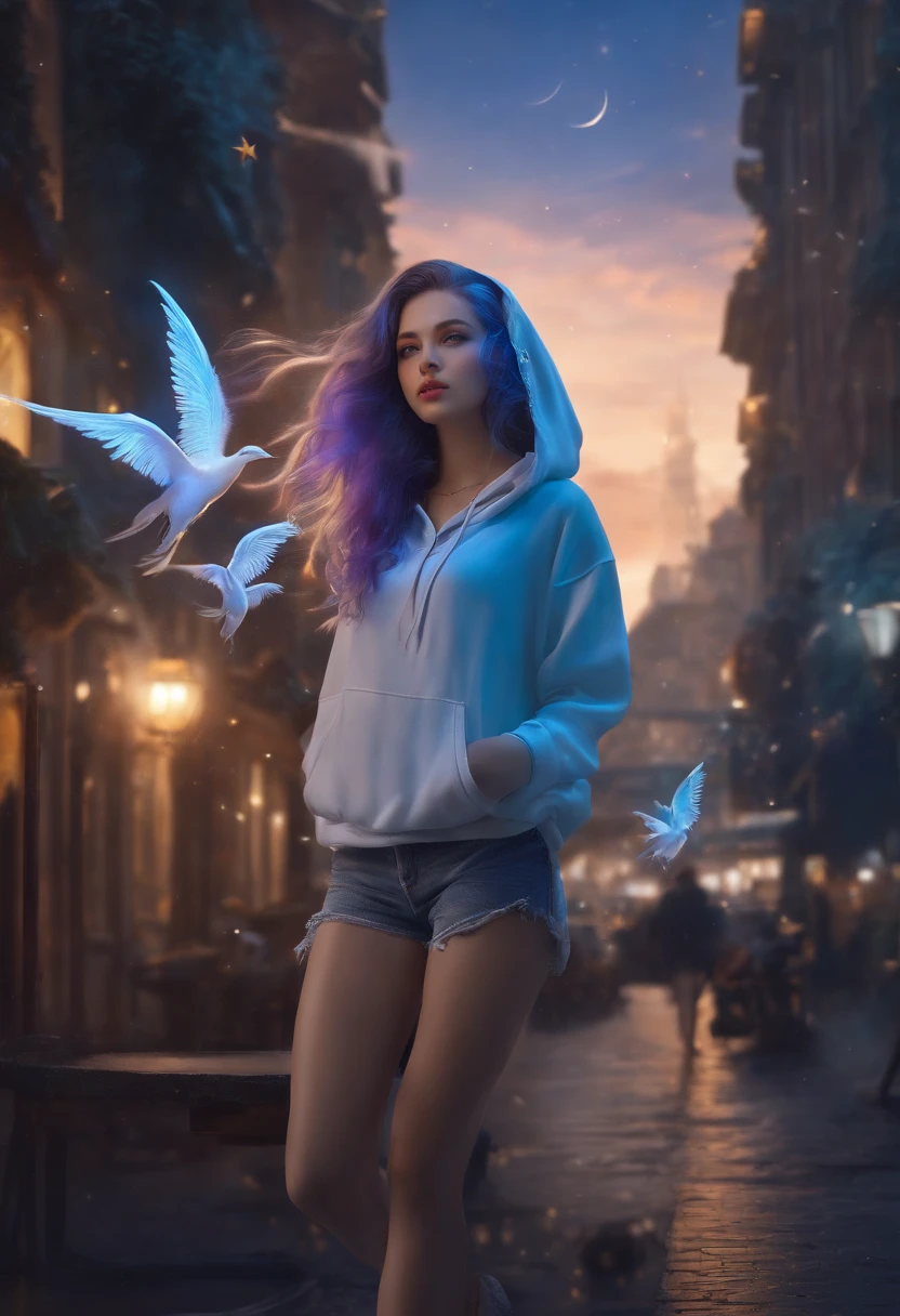 "Image Quality: 8K (Best Quality Scale: 1.2), Artistic Style: Realistic, Photorealistic Factor: 1.37, Clarity: Ultra High Definition, Subject:1girl flying above stunning cityscape ,hoodie,blue hair, neon color shooting stars, very long hair, off shoulder, feather hair ornament, neon colors, flashes, stunning night sky, Teenage Girl (16 years old), Notable Features: Pleasant Smile, Closed Mouth, Exquisite Details, Lovely Nose, Composition: Full Body, Damp Hair, Context: Amidst Colossal Dalsefo,, Attire: snow white T Shirt, Angel wings very detailed