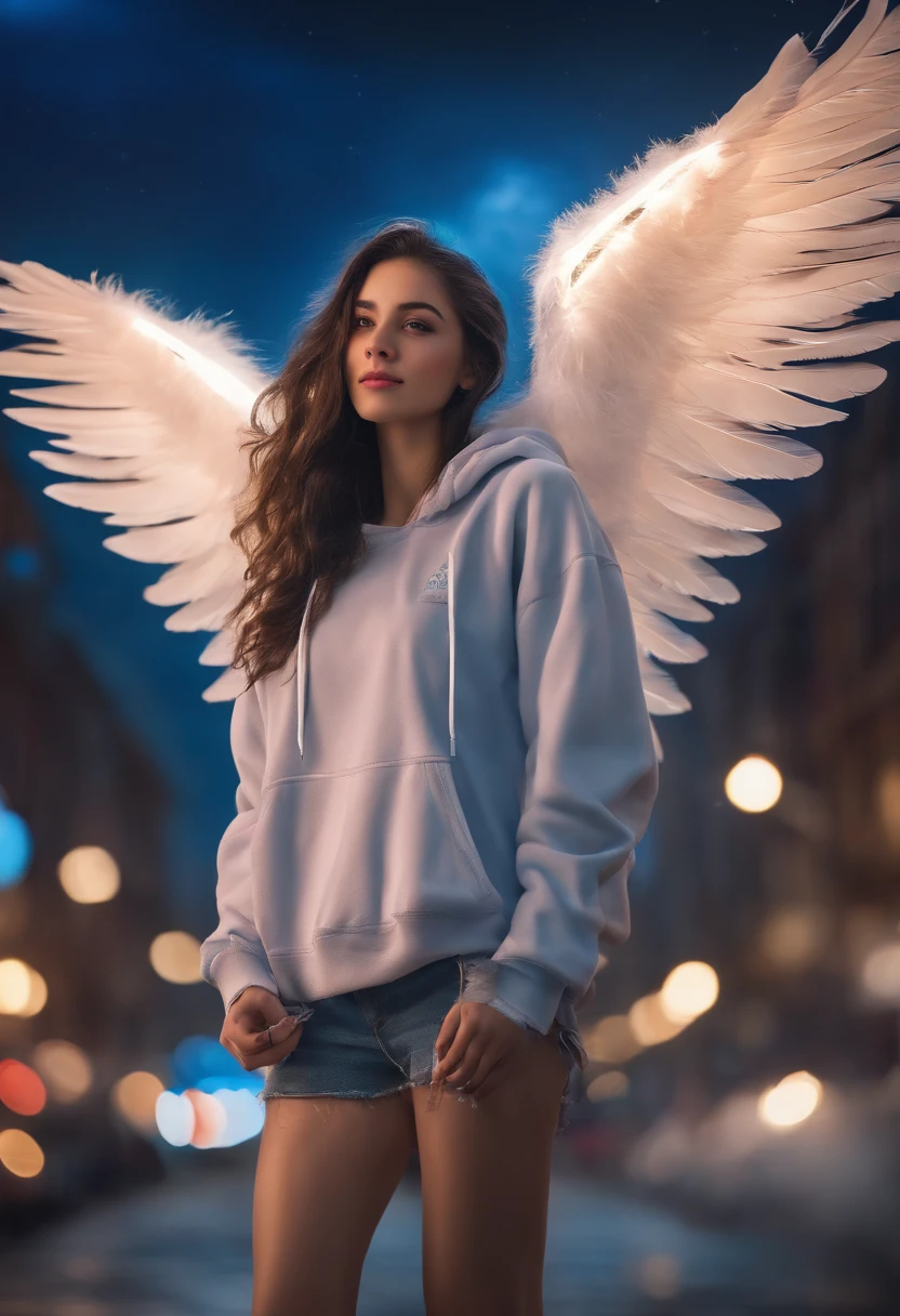 "Image Quality: 8K (Best Quality Scale: 1.2), Artistic Style: Realistic, Photorealistic Factor: 1.37, Clarity: Ultra High Definition, Subject:1girl flying above stunning cityscape ,hoodie,blue hair, neon color shooting stars, very long hair, off shoulder, feather hair ornament, neon colors, flashes, stunning night sky, Teenage Girl (16 years old), Notable Features: Pleasant Smile, Closed Mouth, Exquisite Details, Lovely Nose, Composition: Full Body, Damp Hair, Context: Amidst Colossal Dalsefo,, Attire: snow white T Shirt, Angel wings very detailed