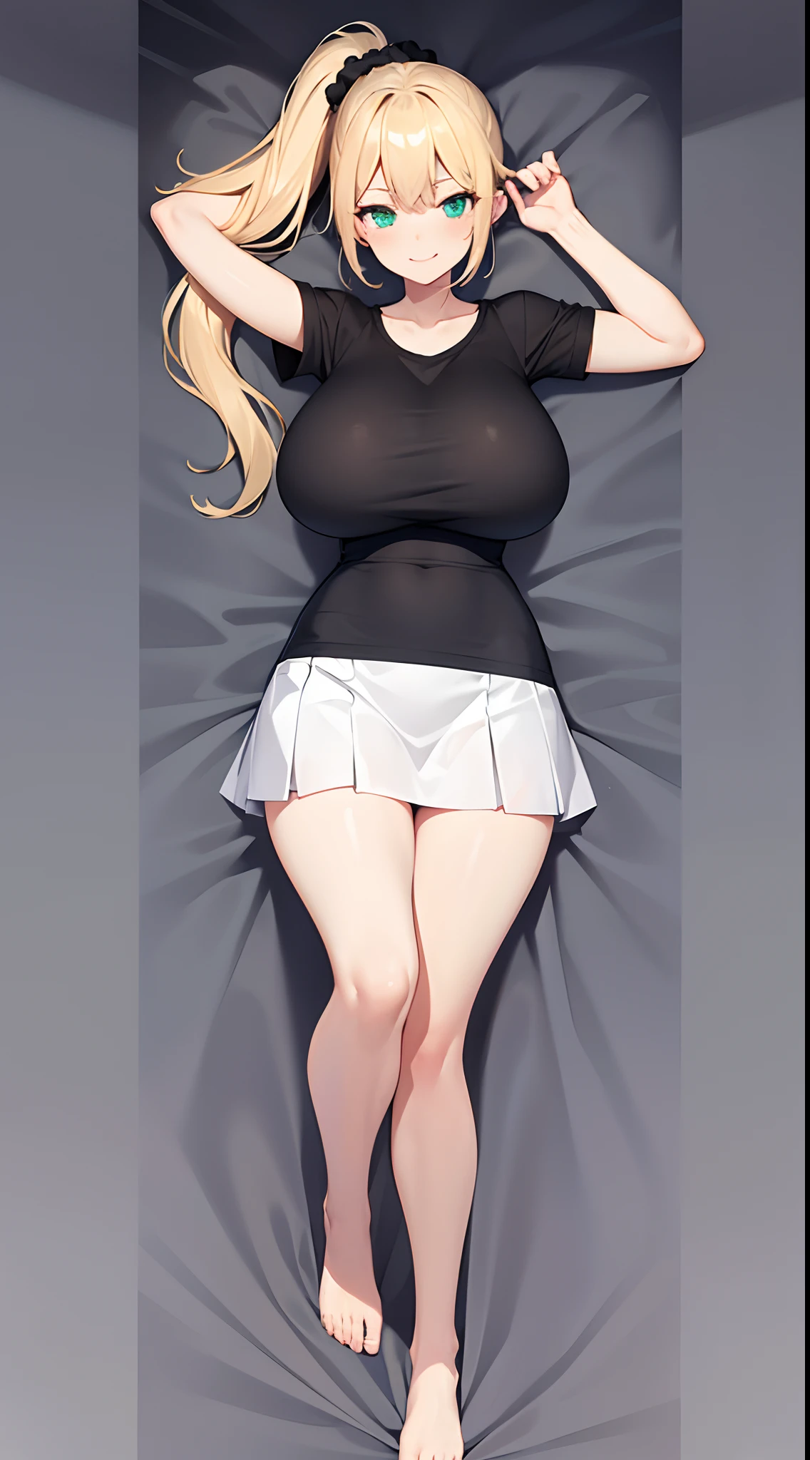 1 girl, game CG, plain black T-shirt, white short skirt, hair scrunchie, gigantic breasts, blonde, middle hair, side ponytail, green eyes, dakimakura, full body, arms up, smile,