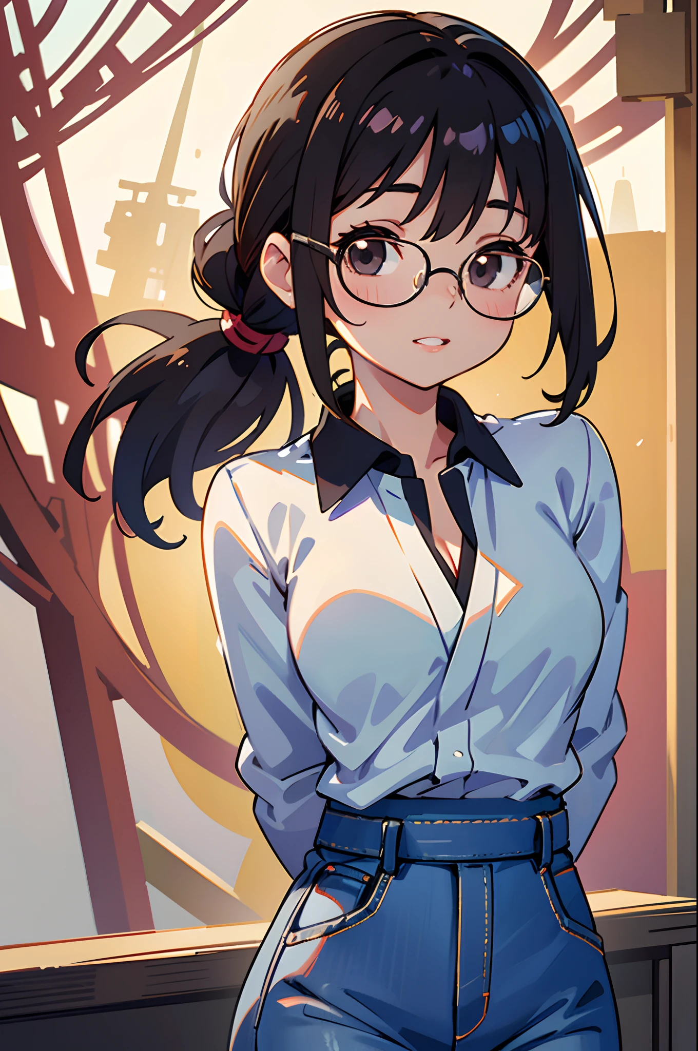 High resolution, Photo details of beautiful women_Face, Young handsome girl,Realistic:0.5, Perfect Skin, (wears glasses:1.5), from behind:1.5, (hyper detailed background, Detailed background), Bokeh, make happy expressions, Happy emotions, Gorgeous,pure, beautiful detailed face and eyes,breasts, (Black eyes:1.1), (Very pretty and beautiful Japan woman), (Sexy Girl), (professional attire:1.3), (22 years old: 1.1), BREAK, (Nice costumes:1.2), (Detailed blue collar shirt:1.2), (Skinny denim pants:1.2), (Leather boots))), cleavage, Beautiful detailed skin, (Cute:1.2), (Black hair), ((JPOP Idol)), (upper thigh:0.6), (depth of fields),Soft light, The brilliance of the lens that looks at the viewer, (drooping eyes:1.2), Straight teeth,Smile, Floating hair, (Black hair:1.2), Brown eyes break movie scenes, Cinematic, fulcolor, 4K, 8K, 16 K, Raw photo, masutepiece, professionally color graded, Professional Photography, High School Girl, Hair UP, , soft clean focus, Realistic lighting and shading, (an extremely delicate and beautiful art)1.3, Elegant,Active Angle,Dynamism Pose Break (Ponytail:1.3), (shiny black fine hair:1.2), Bangs, dark brown eyes, Beautiful eyes, Princess Eyes, (Big eyes:1.3), Bangs, wears glasses:1.3, hair between eye, Short hair:1.3, (slender:1.1), (medium breasts:0.95), (thin waist: 1.15), (Detailed beautiful girl: 1.4), Parted lips, Red lips, Full Makeup Face, (Shiny skin), ((Perfect female body)), (Upper body image:1.3), Perfect Anatomy, Perfect proportions, (The faces of the most beautiful Korean actresses:1.3, Very cute and beautiful Japan actress face:1.3), ,(1 girl with glasses:1.3, Solo), ,(blush:1.1), Gray background, Solo Focus, (bustshot:1.2), Cinematic Light, (Nostalgic night view:1.4), (amusement park:1.4), (merry-go-round、the Ferris wheel、rollercoaster), (arms behind back :1.4), (Looking at Viewer:1.2
