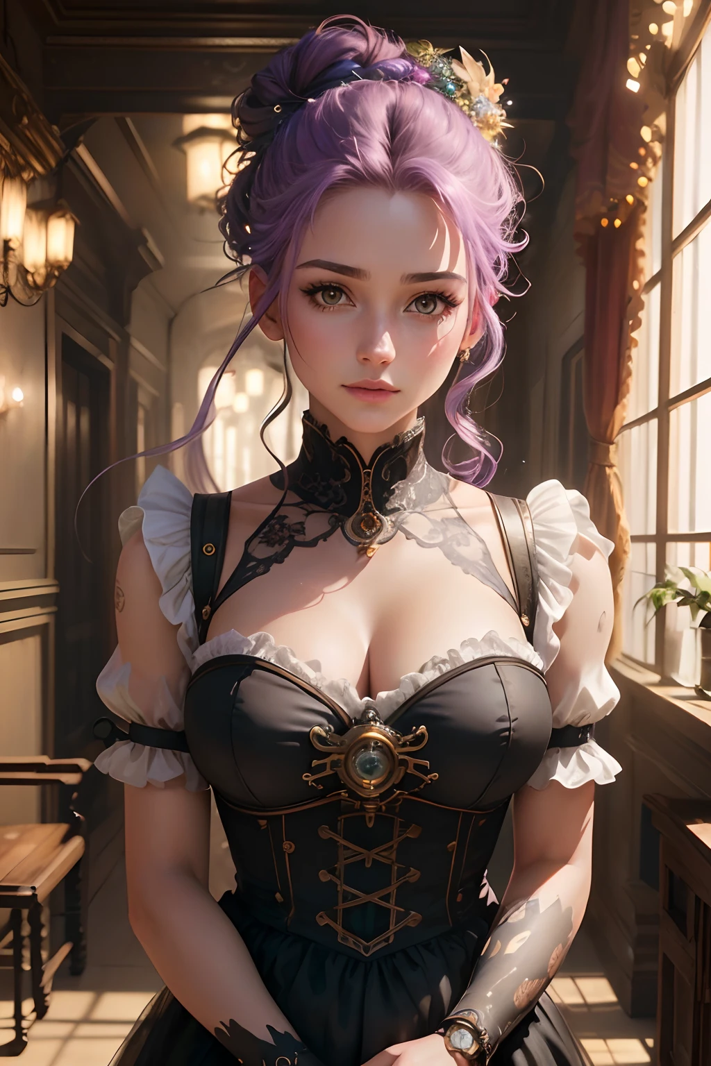 Manter a face e a estrutura corporal , Steampunk Mechanical Bulter, espartilho com mais detalhes e cor, Iluminado, oil painting style, flores vibrantes e folhas delicadas, Flowing dress, long flowing hair, Calm expression, (best quality, Realistic:1.37), messy bun cor de cabelo roxo palido, olhos azuis