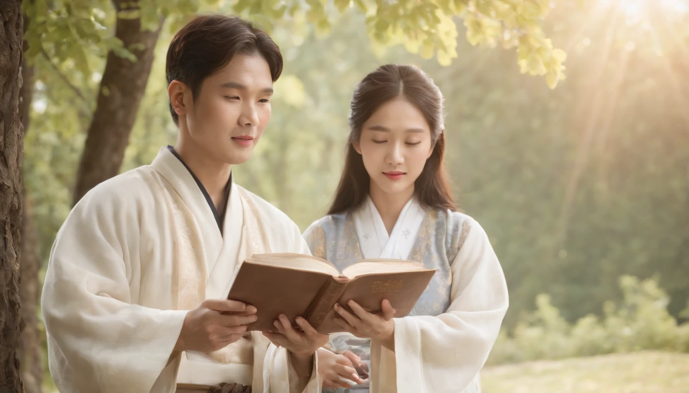 (Best Quality,Ultra-detailed,realisitic:1.37),portrait of a,Korean men and women reading the Bible,Oil Painting,Traditional Korean Costume,Peaceful garden scene,Soft sunlight,tranquil expression,wisdom,Bible Quotes,vibrant colours,delicate brushwork,subtle textures,lush greenery,Contemplative atmosphere,Beautiful picture book,Highlighted features:Eyes in focus,gentle smiling,Graceful posture,Sunlight shining through the trees,rays,Quiet surroundings,serene ambiance,A Blessed Moment