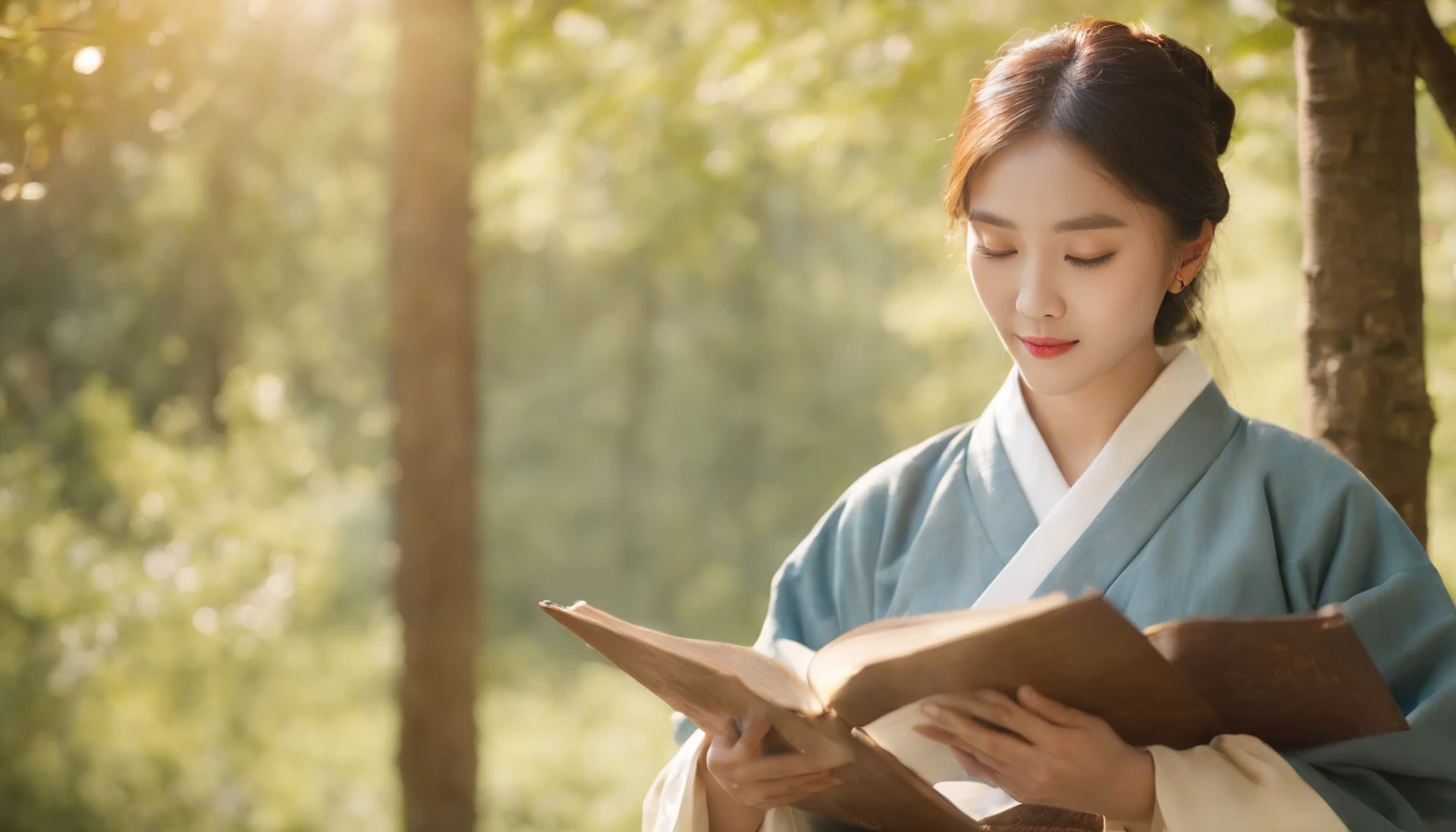 (Best Quality,Ultra-detailed,realisitic:1.37),portrait of a,Korean men and women reading the Bible,Oil Painting,Traditional Korean Costume,Peaceful garden scene,Soft sunlight,tranquil expression,wisdom,Bible Quotes,vibrant colours,delicate brushwork,subtle textures,lush greenery,Contemplative atmosphere,Beautiful picture book,Highlighted features:Eyes in focus,gentle smiling,Graceful posture,Sunlight shining through the trees,rays,Quiet surroundings,serene ambiance,A Blessed Moment