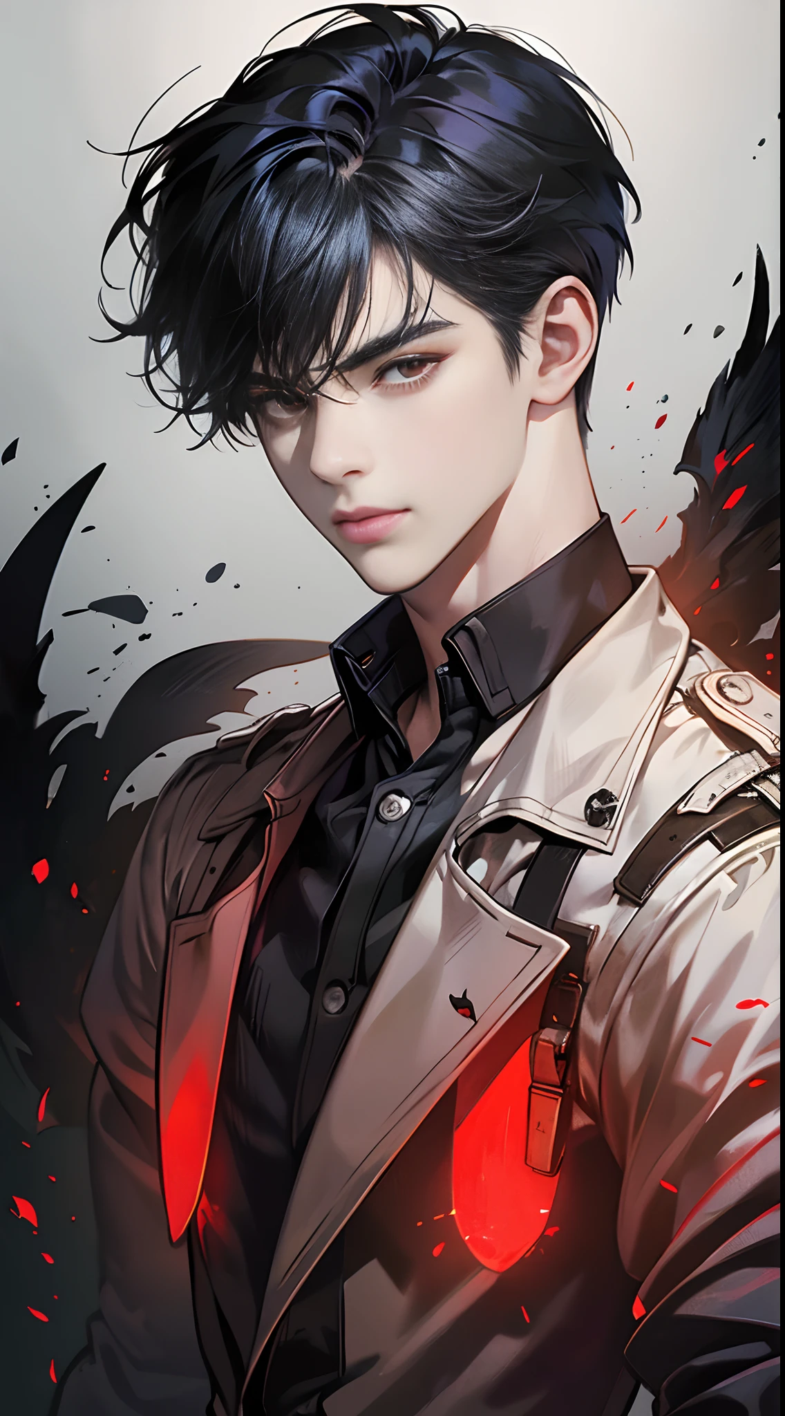 (Best Quality,4K,High resolution),male people，twinks，Man with a feminine face，Young Face，Blue mesh hair on black hair，disheveled boyish hair，Clear eyes，Red Eyes，Military jacket，Cargo pants，Combat boots，Realistic illustrations delicately expressed in detail，animesque，comic strip，Multiple flying crows，facing the front there，Red glowing eyes，Facial expression enhancement，Delicate illustrations expressed in detail，cross belt，Realistic portrayal，Vibrant colors，Ruins，Classic dark background