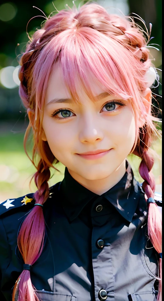 (ultra-detailliert), police uniform with、Blue eyes,The upper part of the body、a closeup、faces、(A smile:1.5),(facing front:1.2), 20yr old, s girl,no tail,(no tail),2D, masterpiece, top-quality, animesque, A detailed eye, A detailed face, girl with, Only 1 person,Medium hair with pink hair, (Pink hair), Ear Hair, small tits, Single braid, (Single braid), (Side braid), Background bokeh