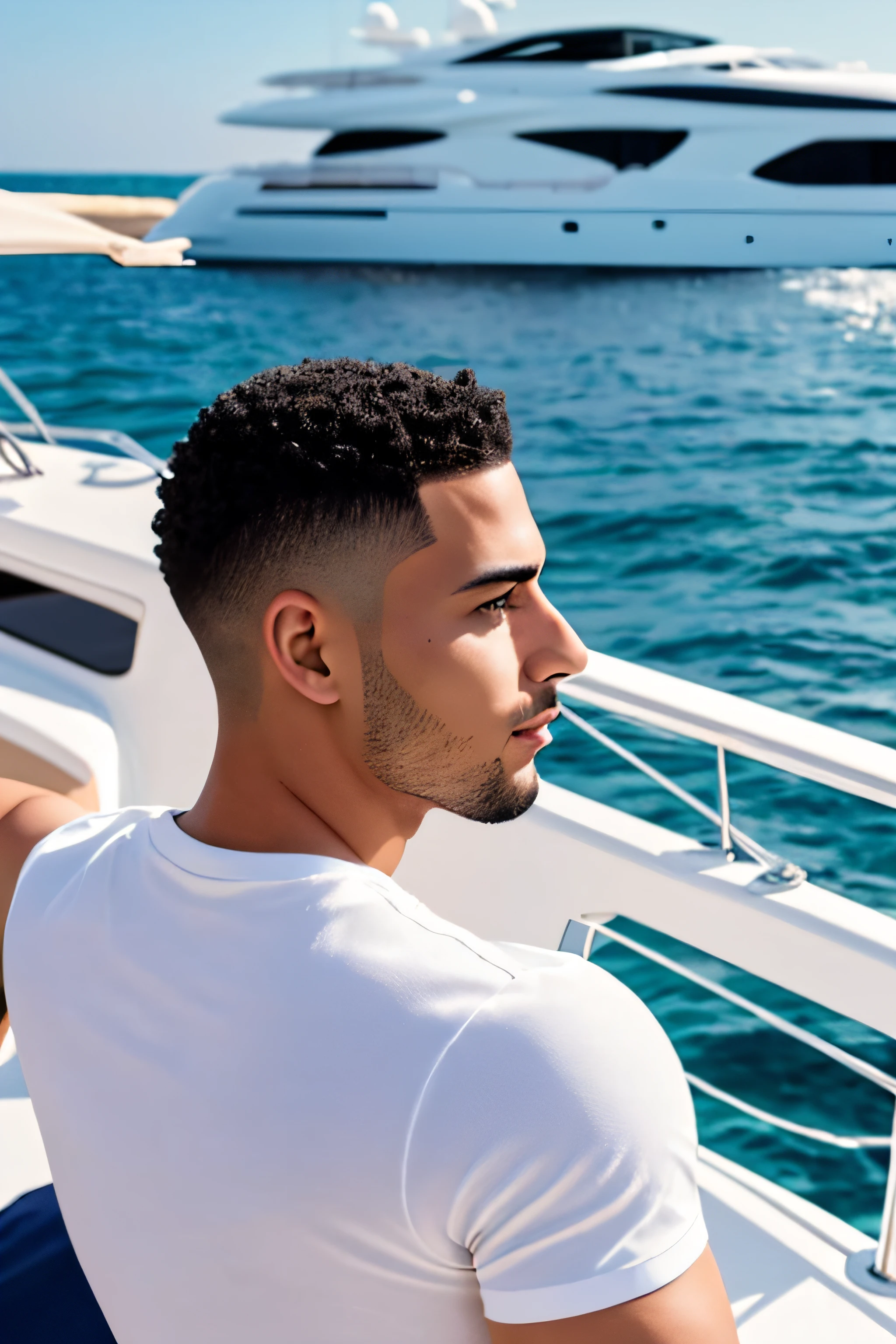 high quality handsome light skin mixed race man with short hair in side view on a luxury yacht