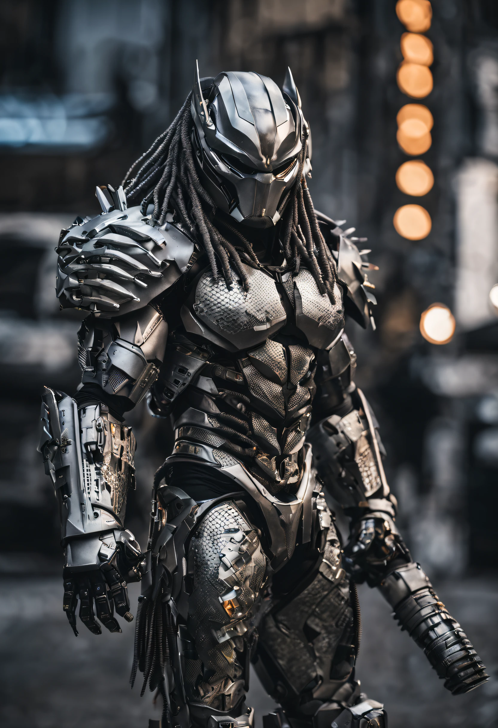 predator,full body photo,gray skin with scales, Cyber, technological silver armor, Robotic armor, Batman, Authentic background