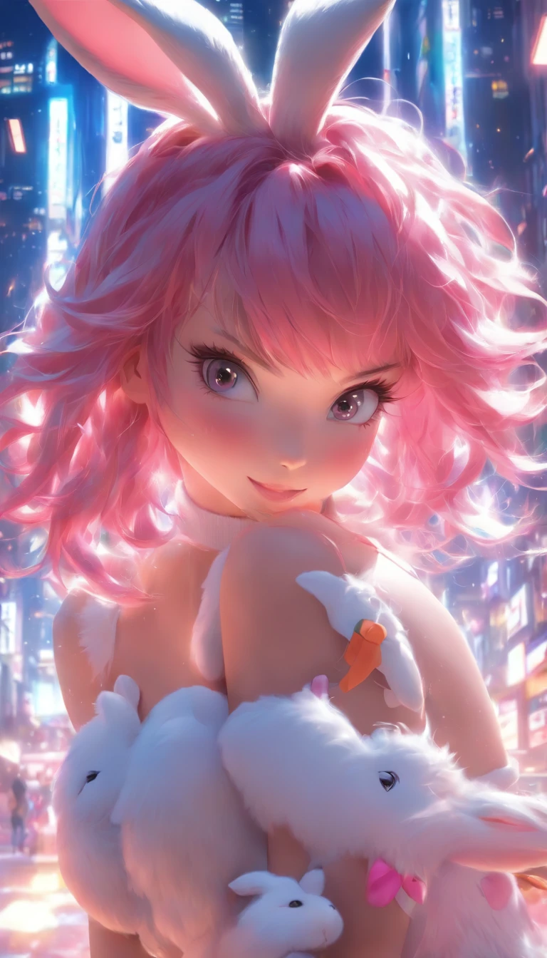 cute and sexy girl, pink hair, a bunny girl, ultra realistic, detailed lighting, anime, having