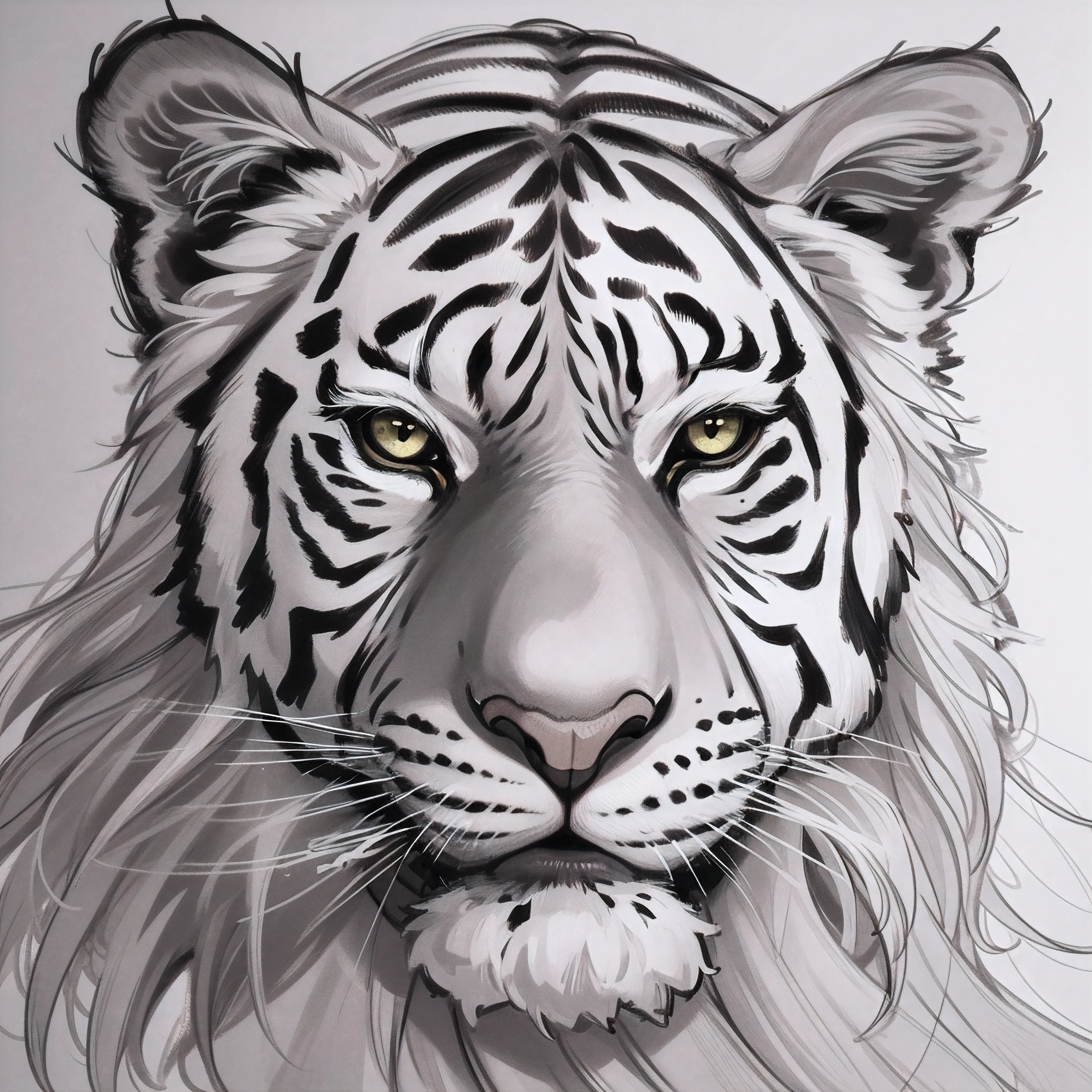 a close up of a tiger's face with a long mane, ((tiger)), tiger, wildlife drawing, tiger head, white tiger, by Jennifer Janesko, monochromatic airbrush painting, extremely realistic, realistic black and white, a tiger, very realistic, black and white drawing, tiger face, animal drawing, pencil painting, amazing art, pencil art on paper