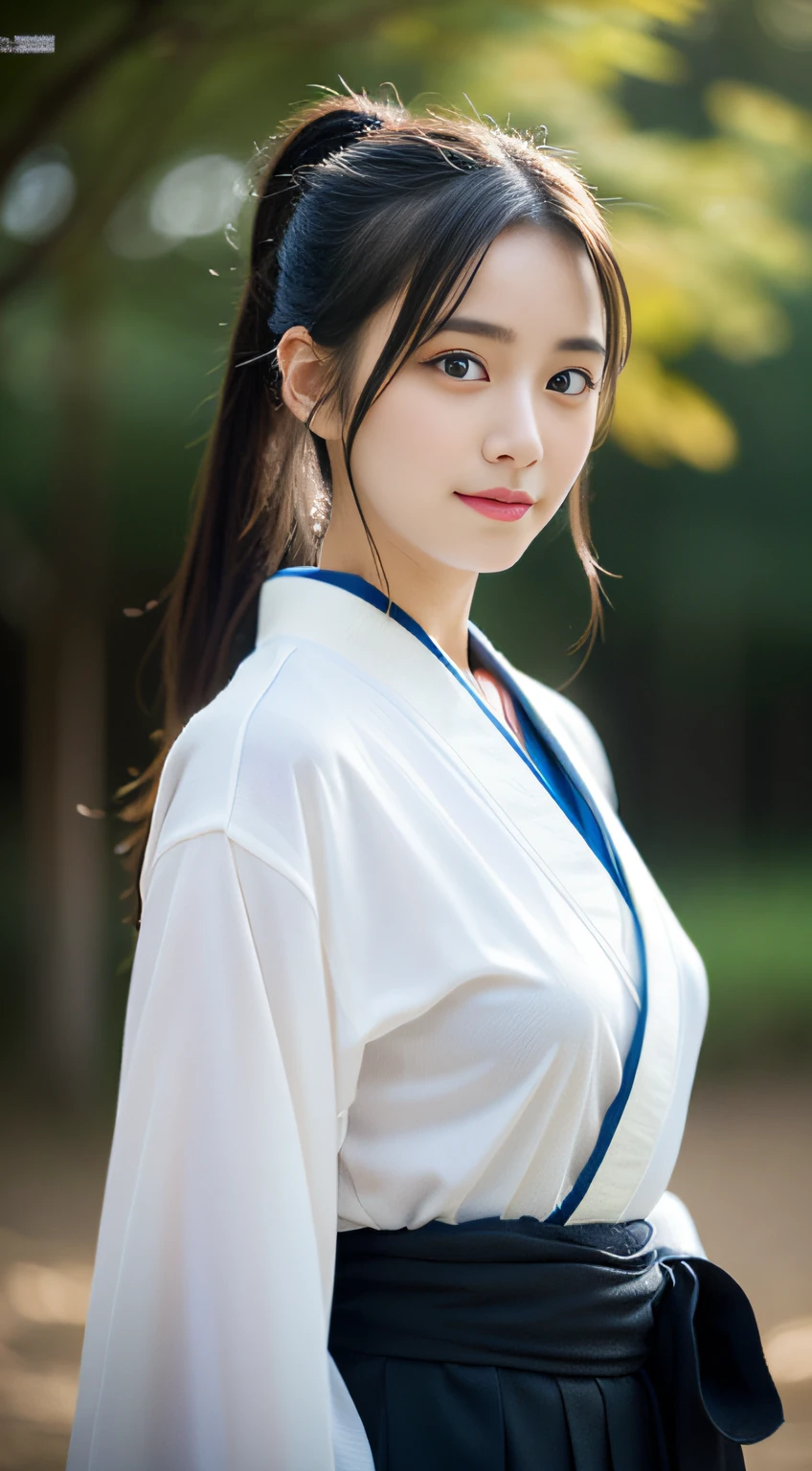 (((32ｋ,high detal,high-detail、​masterpiece,Attention to detail,full body Esbian,独奏))),Raw photo & realistic atmosphere,beautiful dark blue eyes,Detailed mouth,Glossy lips,Detailed eyebrows,Eyes drawn in detail with soft white skin that shines with every detail、Very beautiful eyes with azure eyes,Detailed lips、Very beautiful face,Very well-formed face、Lifelike face,shiny beautiful lips,Beautiful eyebrows,Infinite reality, Realistic Young Gravure Idol,Very cute high school girl, , Young Sensual Gravure Idol, Young Gravure Idol, extremely beautiful and cute１7 year old schoolgirl,with a flushed face,Incredibly beautiful and classy１7 year old beautiful girl,natural soft light,（Black shiny hair,,bare-legged,Kendo kimono and hakama,Beautiful kind eyes：1.5）,（youthfulness,Wearing kendo armor,Beautiful smooth legs,Exposed thighs,Thighs protruding from hakama,Gentle smile,well-shaped breasts,,Immature body,Japan Kendo Kimono,Kendo Match,Japanese style semi-long ponytail hair,Bunch your hair high and tie it into one,Beautiful posture,posterior view,facing back,no-makeup,woman samurai,woman swordsman：1.6）