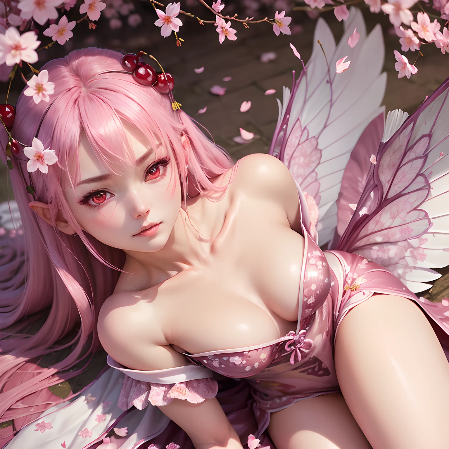 (Best Quality,Ultra-detailed,Realistic:1.37)、Evil Spring Fairy、An 18-year-old woman、Spring personification、Evil look、red eyes、Fairy with wings、Emphasis on the characteristics of cherry blossoms、Clothes with cherry blossom motifs、(Lots of cherry blossom petals flutter:1.5)、Spring landscape、Full body