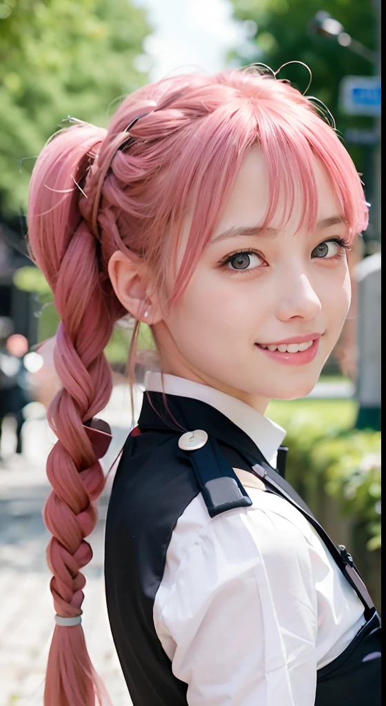 high-level image quality、Anime girl with long hair and police uniform posing for photo、Shibuya、up close shot、(A smile:1.5)、sayori, Anime visuals of cute girls, anime moe art style, loli in dress, Anime girl in police uniform, pretty anime girl, (Anime Girl), Cute anime girl, Cute anime waifu in police uniform, charming anime girls, Have a walkie-talkie、Beautiful anime girl, Rin, Smooth Anime CG Art、(Pink hair), Ear Hair, small tits, Single braid, (Single braid), (Side braid)