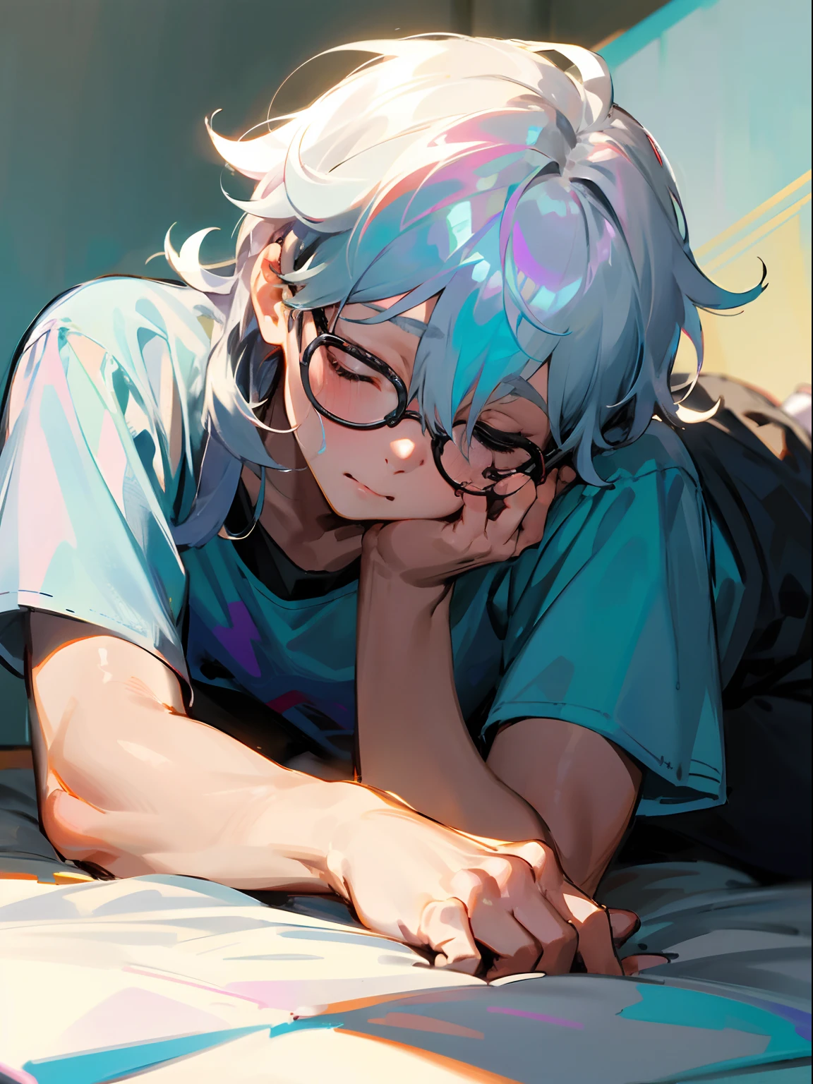Male child, eye glasses,Big hilarity,(silber hair),Daytime,Iridescent background,Face up,Are sleeping