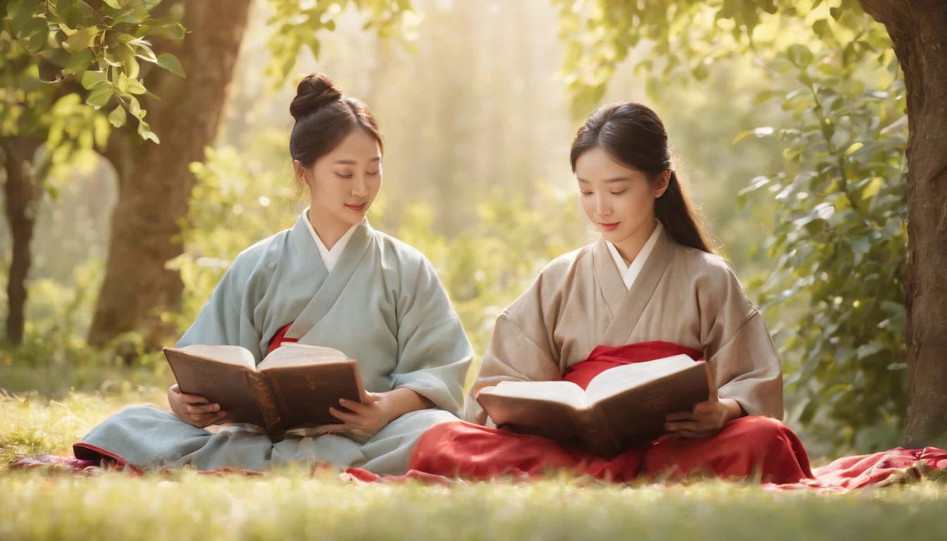 (Best Quality,Ultra-detailed,realisitic:1.37),portrait of a,Korean men and women reading the Bible,Oil Painting,Traditional Korean Costume,Peaceful garden scene,Soft sunlight,tranquil expression,wisdom,Bible Quotes,vibrant colours,delicate brushwork,subtle textures,lush greenery,Contemplative atmosphere,Beautiful picture book,Highlighted features:Eyes in focus,gentle smiling,Graceful posture,Sunlight shining through the trees,rays,Quiet surroundings,serene ambiance,A Blessed Moment