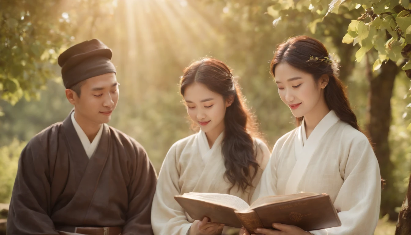 (Best Quality,Ultra-detailed,realisitic:1.37),portrait of a,Korean men and women reading the Bible,Oil Painting,Traditional Korean Costume,Peaceful garden scene,Soft sunlight,tranquil expression,wisdom,Bible Quotes,vibrant colours,delicate brushwork,subtle textures,lush greenery,Contemplative atmosphere,Beautiful picture book,Highlighted features:Eyes in focus,gentle smiling,Graceful posture,Sunlight shining through the trees,rays,Quiet surroundings,serene ambiance,A Blessed Moment