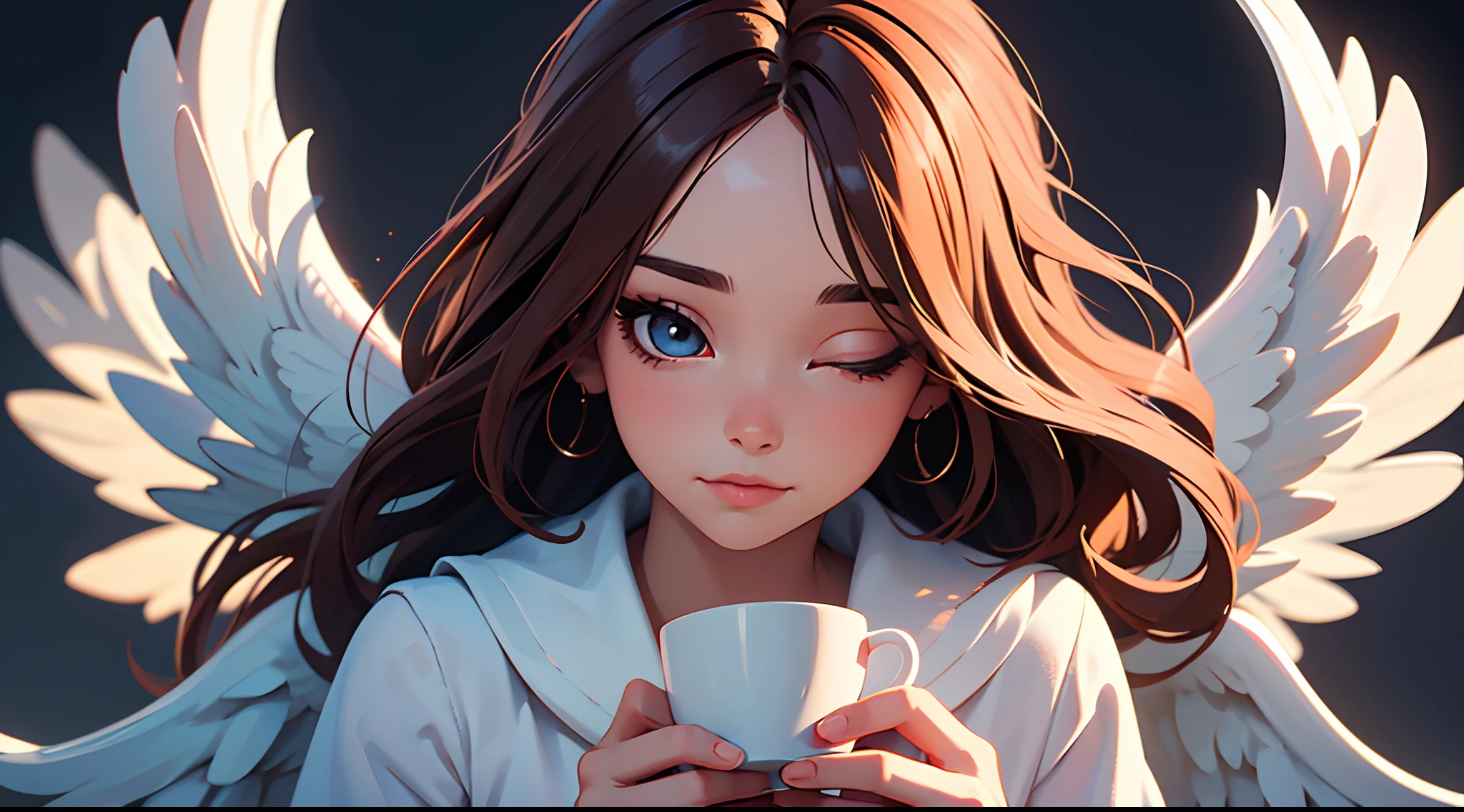 Picture of a girl with a cup of coffee and angel wings, beautiful angel girl, close one eye, beautiful angel, angel girl, beautiful angel portrait, beautiful angel girl portrait, angel, angel, coffee dark angel, winged girl angel, adorable digital painting, angel themed, angel, beautiful female angel, young one angel