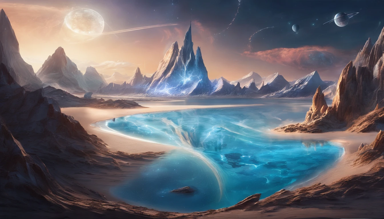 huge planet, the night, starrysky, surrealism, masutepiece, hight resolution、Impressive Milky Way:1.9、sand beach、Vast blue ocean、Blue glacier、lightning bolt:1.9、Protoplanets