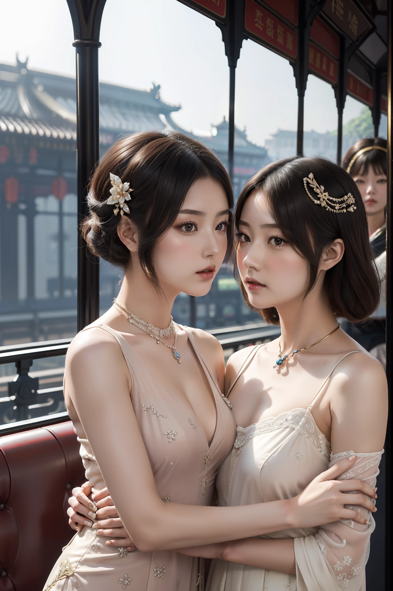tmasterpiece,RAW photogr,hyper qualit, ultra - detailed,Perfect drawing,Two beautiful girls, Lovers, Lesbians,(At the railway station in Shanghai in the 1920s,Vintage train background:1.6),(geisha hairstyle,Geisha hairpins:1.6,Geisha hair ornaments,armlets, bangle:1.3),Dodge kisses,bauhause, bulgari, official valentino editorial,half-open lips, Suck your lips firmly, Drooling, elegant, Brilliant, Beautiful, Blush (0.2), Gorgeous, Beautiful, Gorgeous, gentle, Starry sky, Milky Way, Summer triangle, Tanabata and bamboo ornaments, Precise drawings, a detailed drawing,