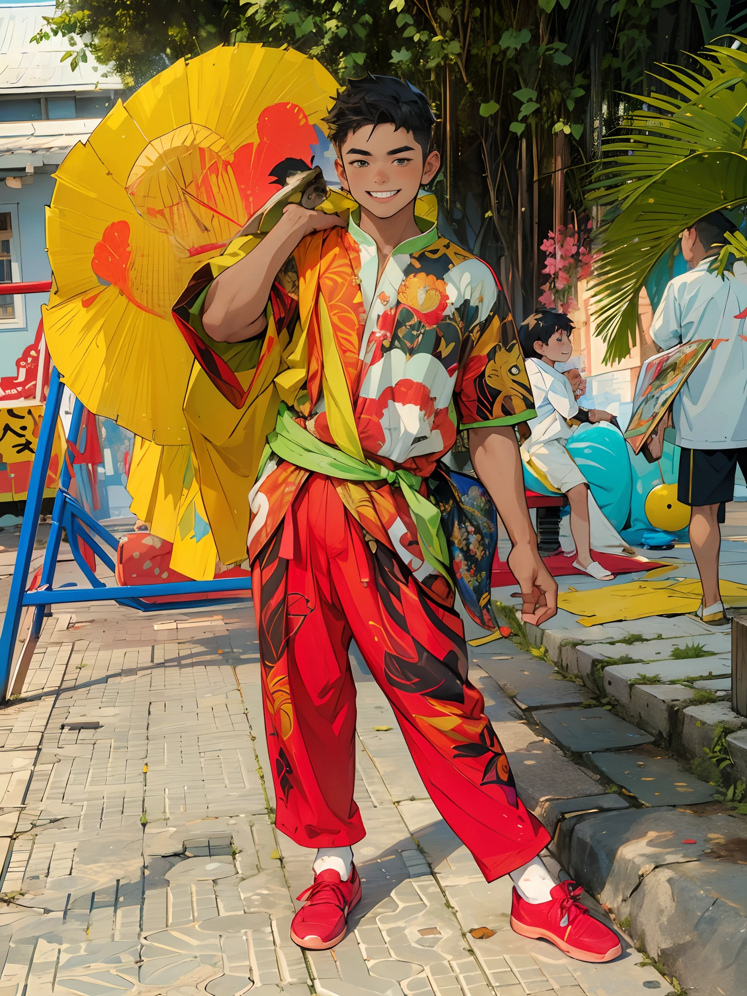 (Masterpiece), (best quality), ((super-detailed)), (shotaoni:1.5),((1 Child boy and 1 adult mature male)), (gay smiling), looking at another, (The child boy in power)、Adult male obeying the orders of the child master boy, Pompous and smug children