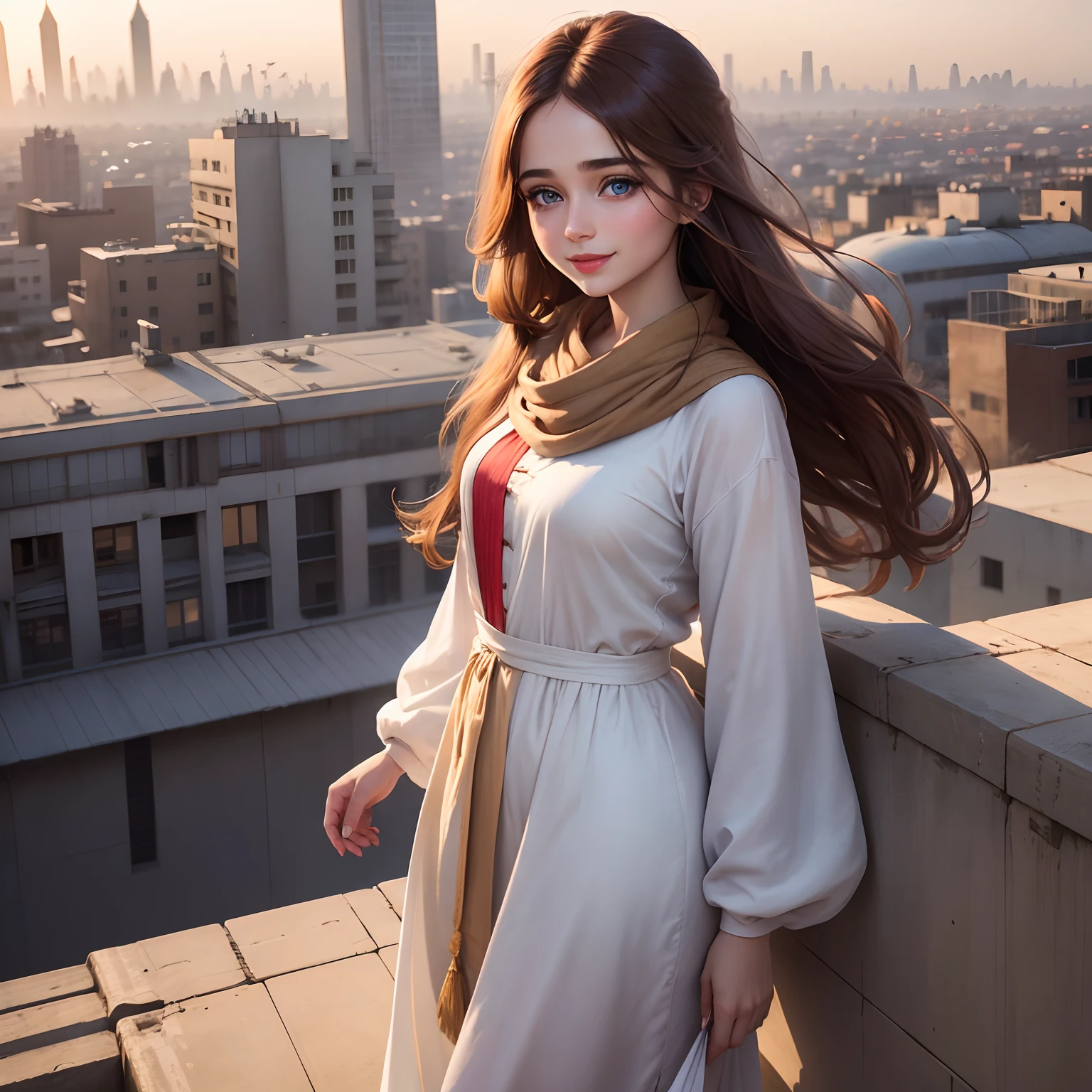 Cute girl blue eyes, long brown hairs, smooth face, white shalwar and kameez, red lipstick, beautiful hair style, smile on face, standing on a roof and a big city behind her, and a plane fly in sky behind her in morning