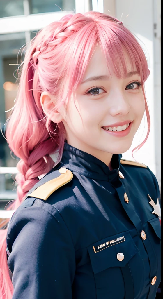 (ultra-detailliert), police uniform with、Blue eyes,The upper part of the body、cowboy shot、faces、(A smile:1.5),(facing front:1.2), 20yr old, teens girl,no tail,(no tail),2D, masterpiece, top-quality, animesque, A detailed eye, A detailed face, girl with, Only 1 person,Medium hair with pink hair, (Pink hair), Ear Hair, small tits, Single braid, (Single braid), (Side braid), Pink ribbon, Ribbon around the neck, Background bokeh