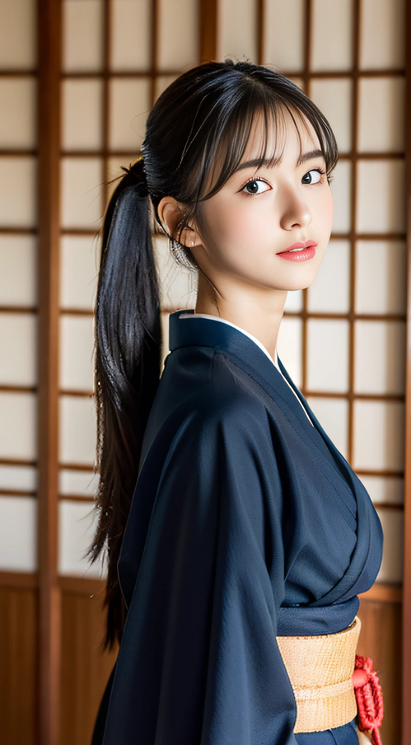 (((32k,high detal,high-detail、masterpiece,Attention to detail,full body Esbian,独奏))),Raw photo & realistic atmosphere,beautiful dark blue eyes,Detailed mouth,Glossy lips,Detailed eyebrows,Eyes drawn in detail with soft white skin that shines with every detail、Very beautiful eyes with azure eyes,Detailed lips、Very beautiful face,Very well-formed face、Lifelike face,shiny beautiful lips,Beautiful eyebrows,Infinite reality, Realistic Young Gravure Idol,Very cute high school girl, , Young Sensual Gravure Idol, Young Gravure Idol, extremely beautiful and cute17 old schoolgirl,with a flushed face,Incredibly beautiful and classy17 year beautiful girl,natural soft light,(Black shiny hair,,bare-legged,Kendo kimono and hakama,Beautiful kind eyes:1.5),(youthfulness,Wearing kendo armor,Beautiful smooth legs,Exposed thighs,Thighs protruding from hakama,Gentle smile,well-shaped breasts,,Immature body,Japan Kendo Kimono,Kendo Match,Japanese style semi-long ponytail hair,Bunch your hair high and tie it into one,Beautiful posture,posterior view,facing back,no-makeup,woman samurai,woman swordsman:1.6)