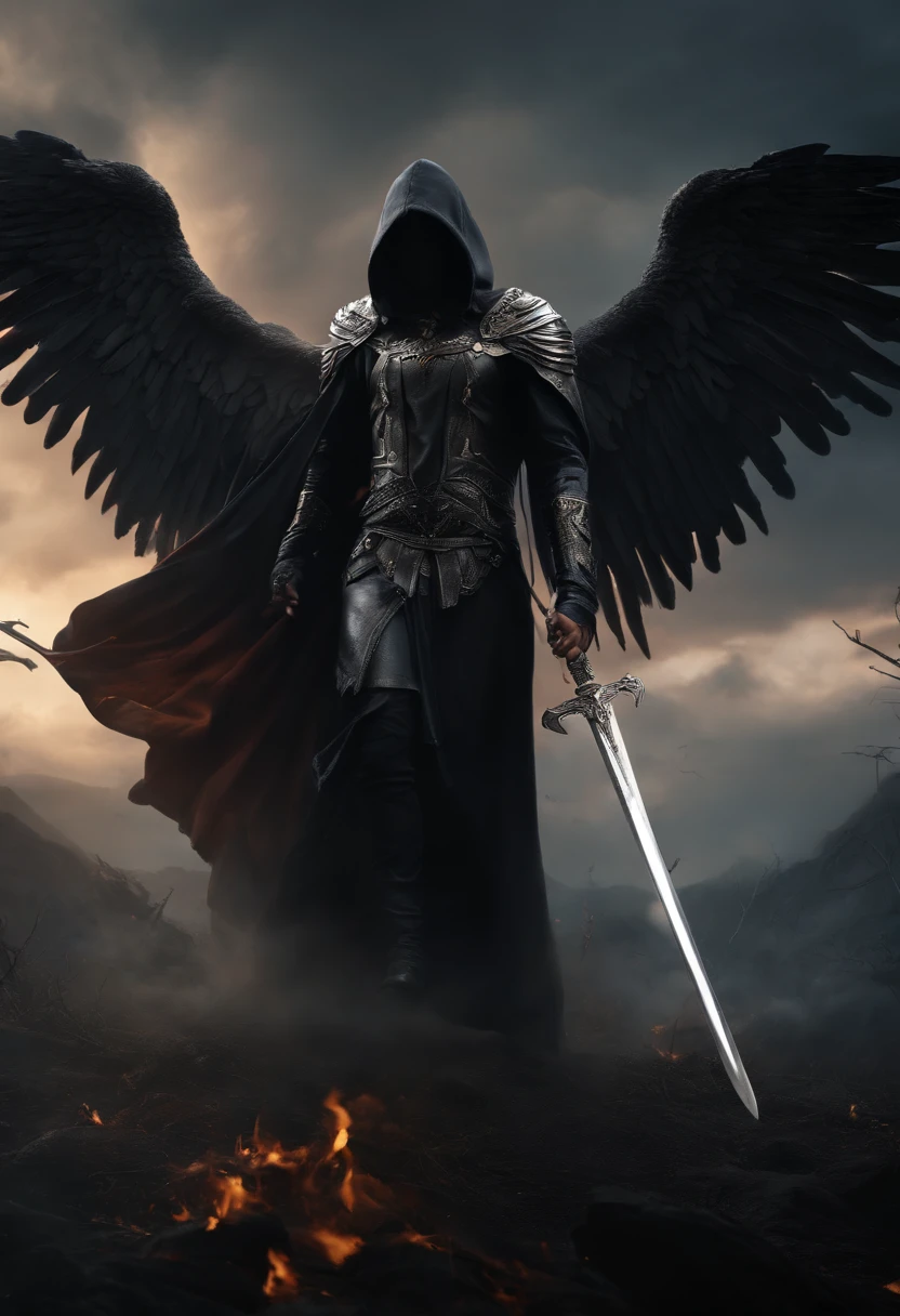 Realistic, 4K, Angels with big wings, Black clothes, one sword, Hood on head in war background image (chaos)